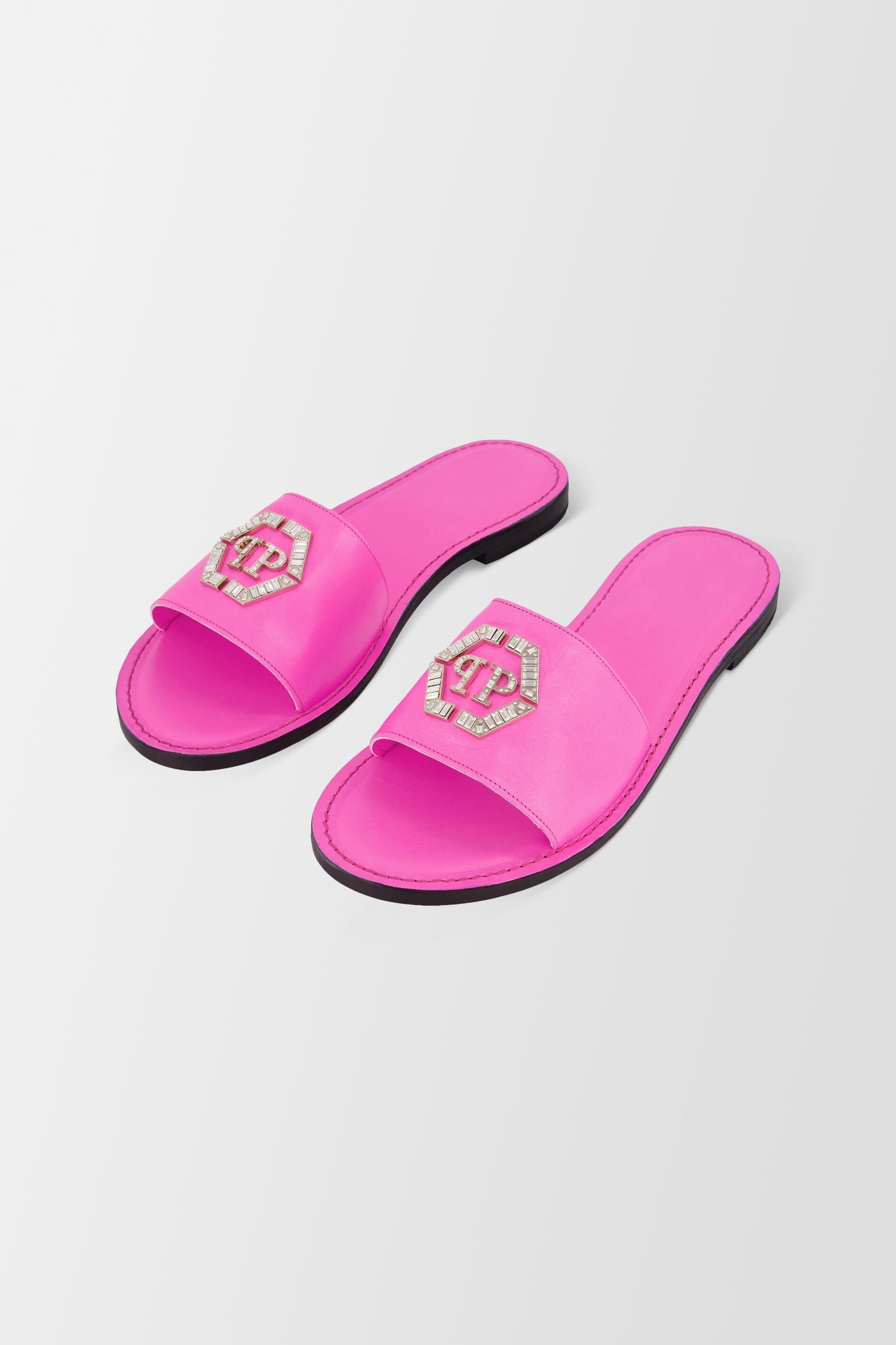 Philipp Plein Women's Pink Leather Hexagon Logo Flat Slides - Comfortable Summer Sandals for Beach, Pool & Casual Outings