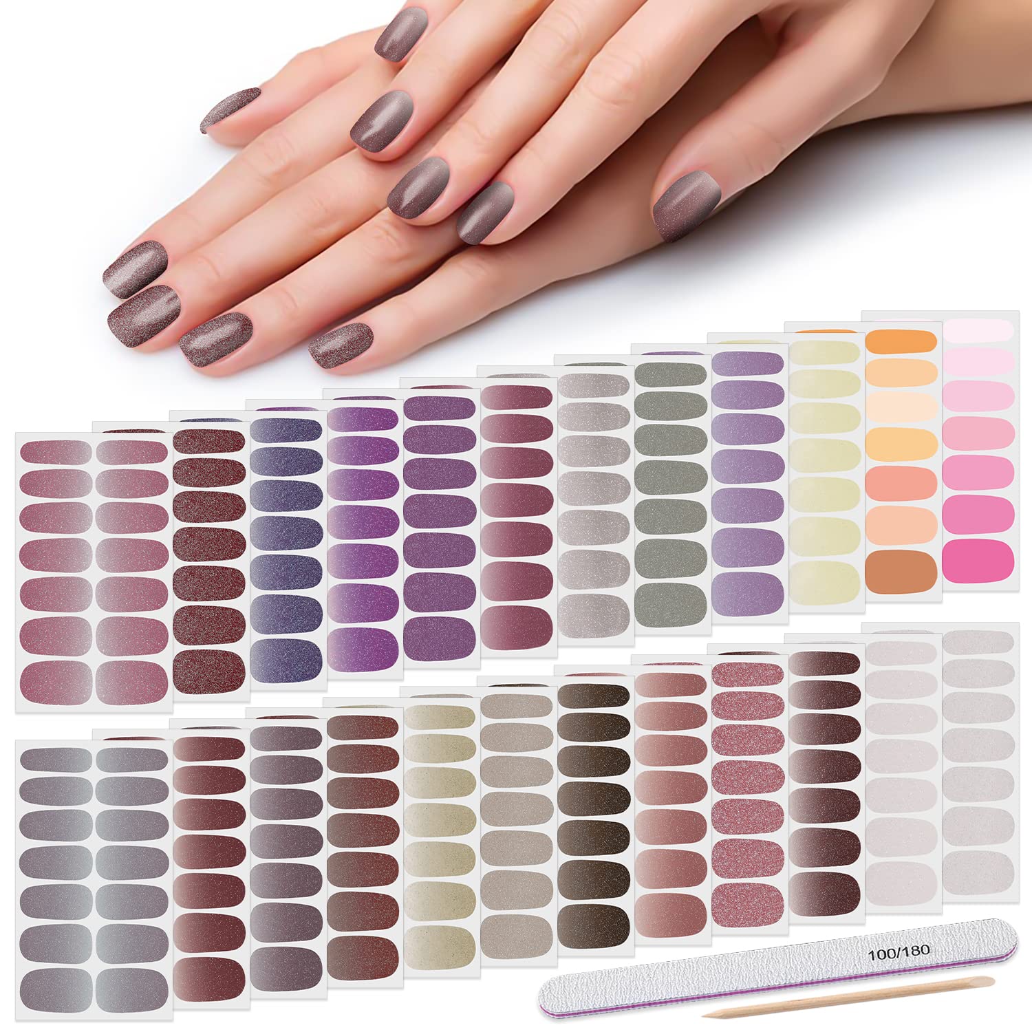 DANNEASY 24 Sheets Glitter Gradient Nail Polish Strips - DIY Full Nail Wraps with Adhesive | Waterproof Nail Stickers for Women & Girls | Includes 1 Nail File & Cuticle Stick | Perfect for Parties, Weddings, and Daily Manicures