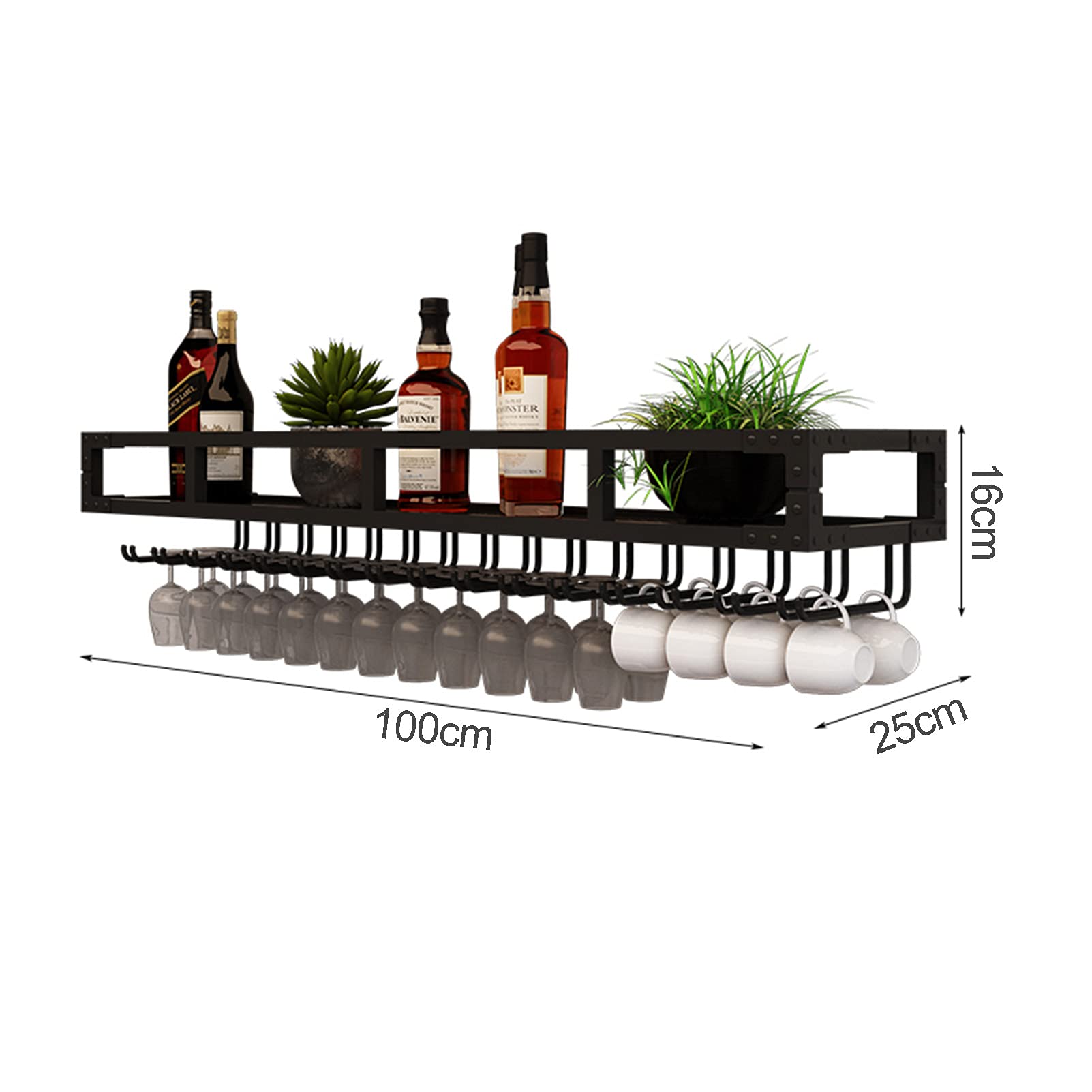 Wall Mounted Wine Rack with Glass Holder - Black Metal Wine Shelf for Home Bar, Kitchen & Dining Room Decor | Space-Saving Wine Bottle Storage Solution for Small Spaces & Entertaining