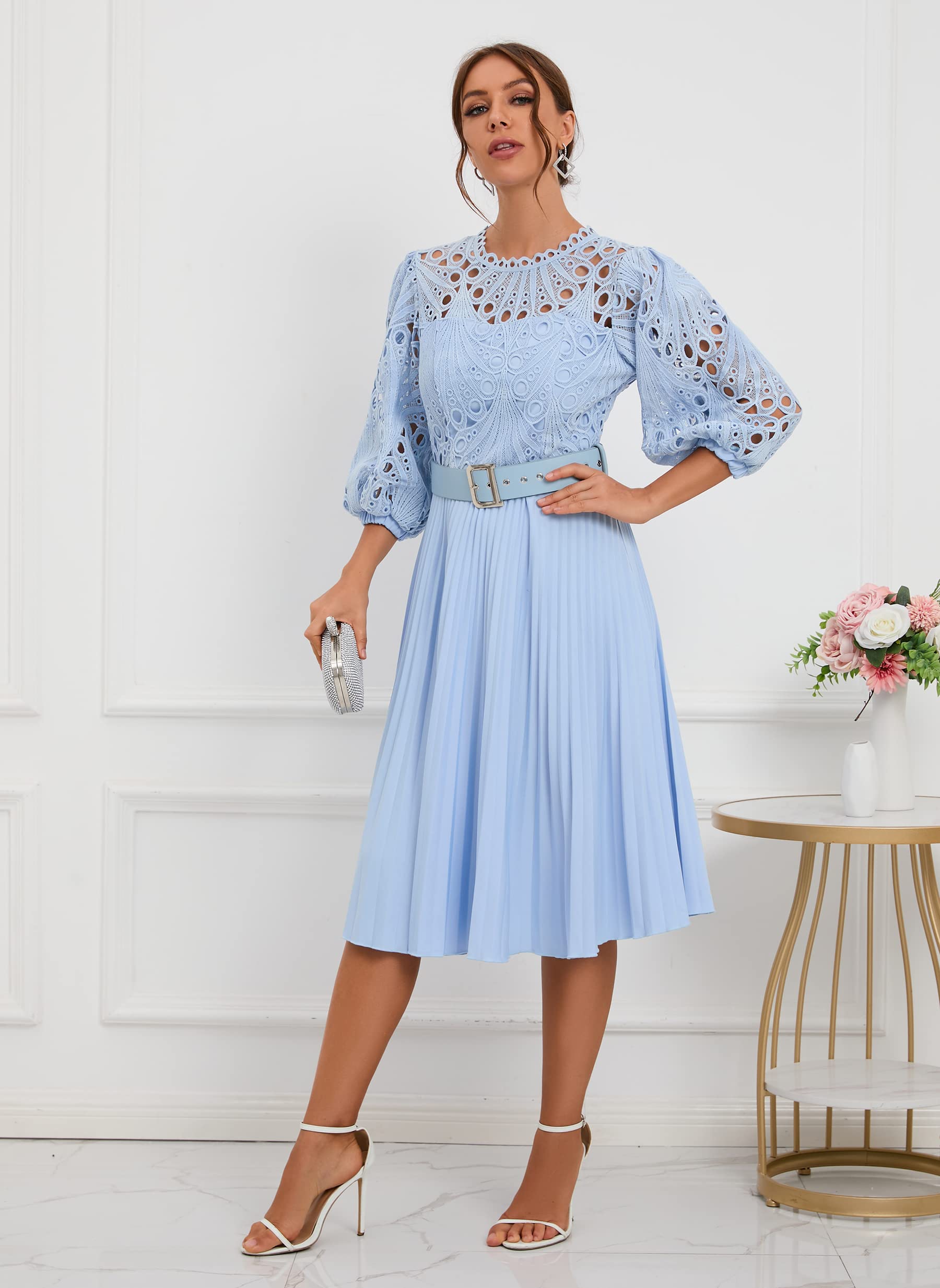 Elegant IWFEV Lace Pleated Midi Dress with Puff Sleeves - Hollow Out Design for Party, Evening Wear & Special Occasions | Perfect for Weddings, Cocktail Events & Date Nights