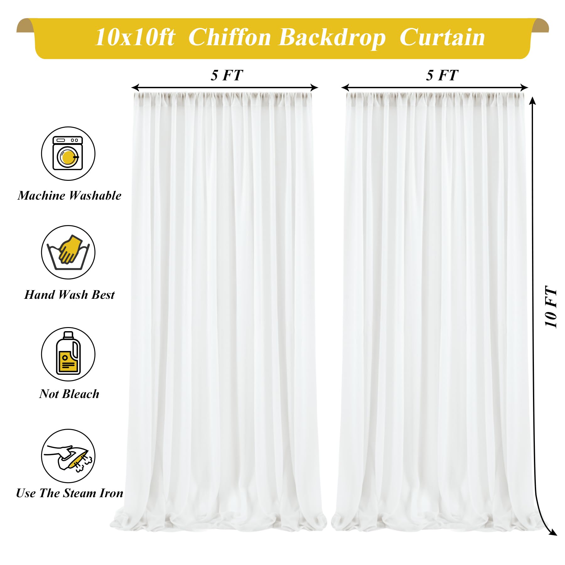 10x10ft Cream White Chiffon Backdrop with Fairy Lights - Elegant Wedding Decor, Baby Shower, Bridal Shower, Birthday Party & Reception Photo Backdrop - Perfect for Indoor/Outdoor Events & Photography Studio Background