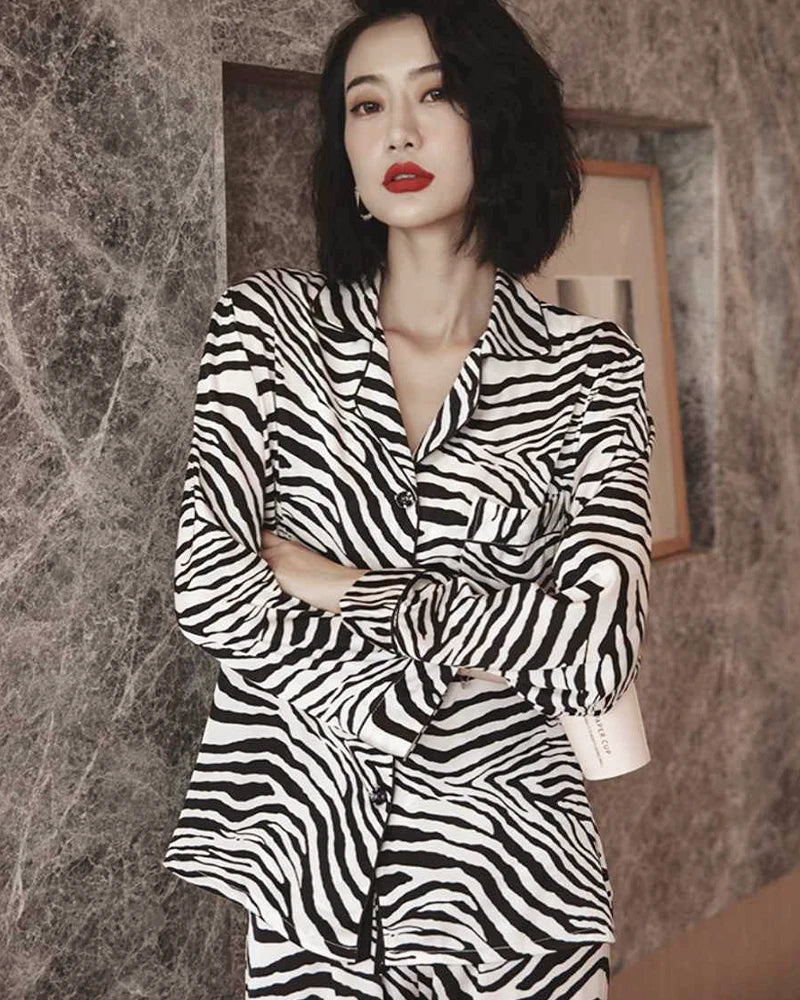 Zebra Print Silk Pajama Set for Women - Soft Luxurious Sleepwear - Perfect for Lounge, Sleep & Spa Days