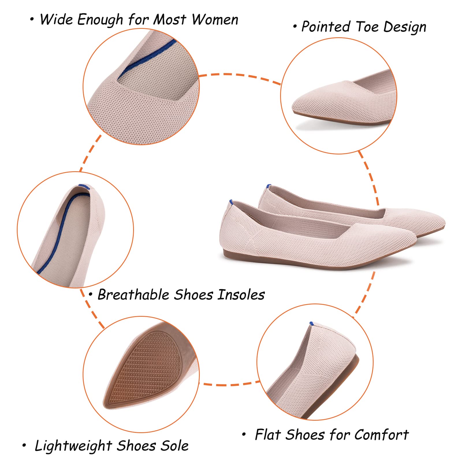 Women's Pointed Toe Ballet Flats - Knit Dress Shoes with Low Wedge | Comfortable Slip On Flats for Women | Classic Soft Ballet Shoes for Work, Office & Casual Wear