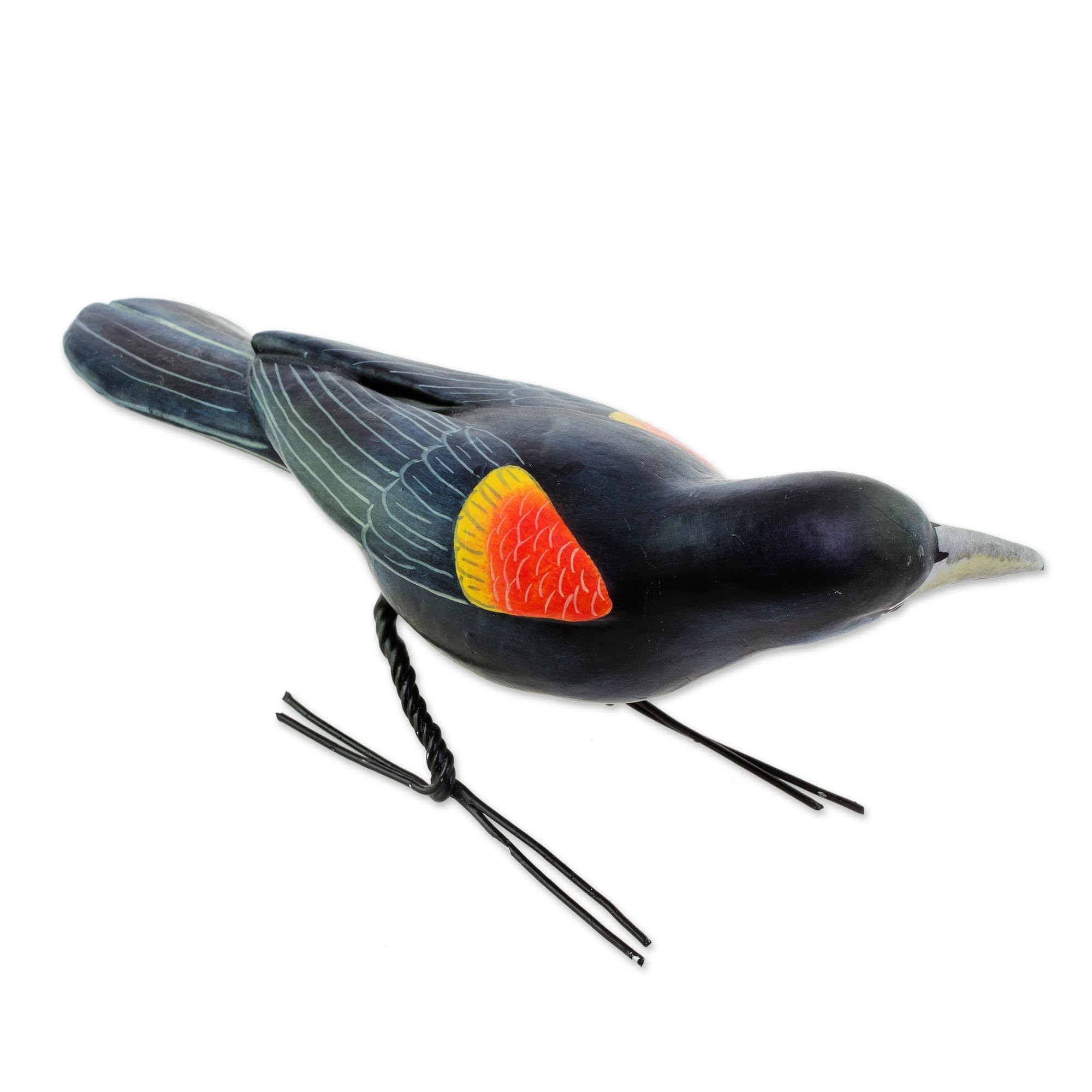 Handmade Guatemalan Ceramic Red-Winged Blackbird Sculpture - Artisan Crafted Blue Bird Figurine (5.5
