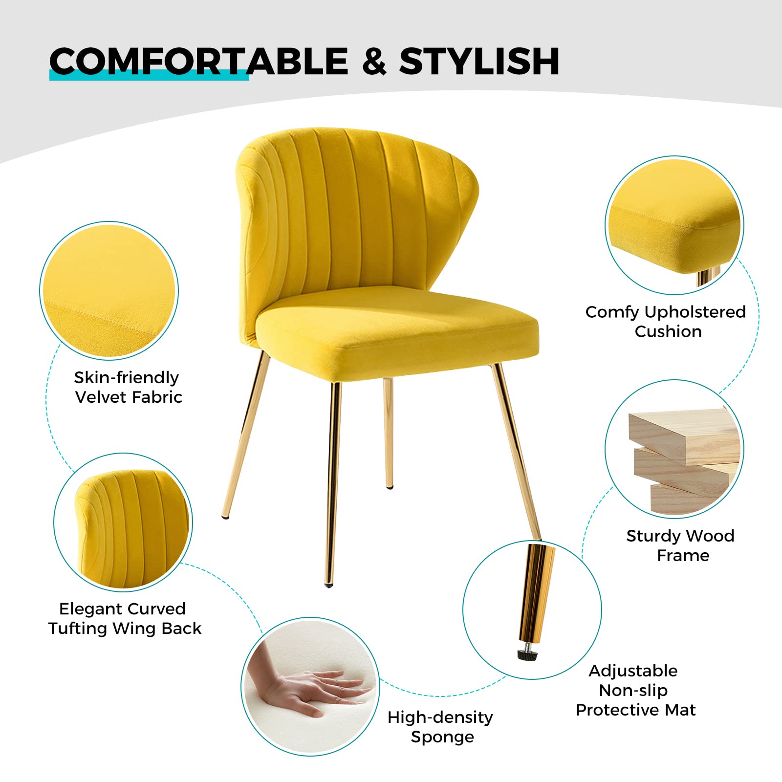 Modern Velvet Dining Room Chairs with Golden Metal Legs - Upholstered Tufted Accent Chair for Kitchen, Vanity, Patio & Beauty Room (Yellow, 1-Pack) - Perfect for Small Spaces, Breakfast Nooks & Cozy Home Decor