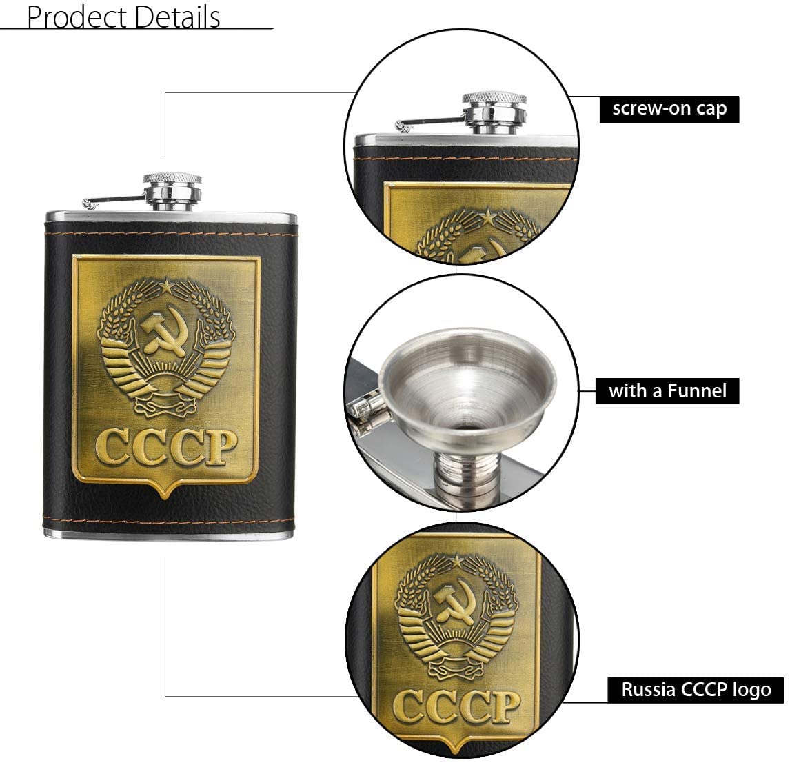 8oz Stainless Steel Flask with Funnel Set - USSR Design Travel Flask & 2 Camping Cups - Durable Screw Cap Alcohol Bottle for Whiskey, Liquor - Perfect Gift for Men & Women (Gift Box Included) - Ideal for Outdoor Adventures, Camping, Hiking & Road Trips