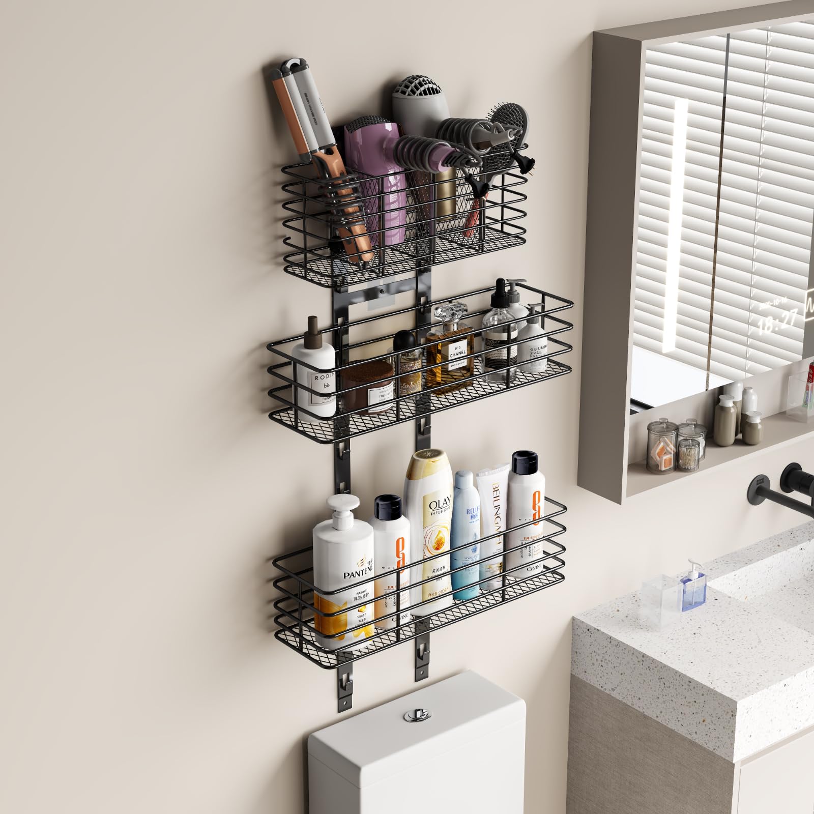 5-Tier Over The Door Bathroom Organizer - Adjustable Height Hair Dryer & Styling Tool Holder - Wall Mounted Storage Shelf for Flat Irons, Curling Wands & Skincare Products - Perfect for Small Bathrooms & Vanity Organization
