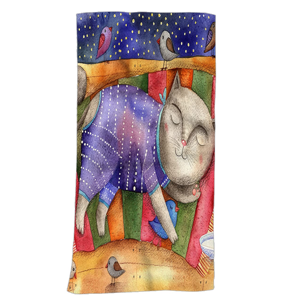 Swono Watercolor Cat Hand Towel - 15x30 Inch Soft Cotton Washcloths with Sleeping Cat in Pajamas Design for Bathroom, Spa, Gym, Yoga & Beach | Perfect Kitchen Towel, Gift Idea for Cat Lovers