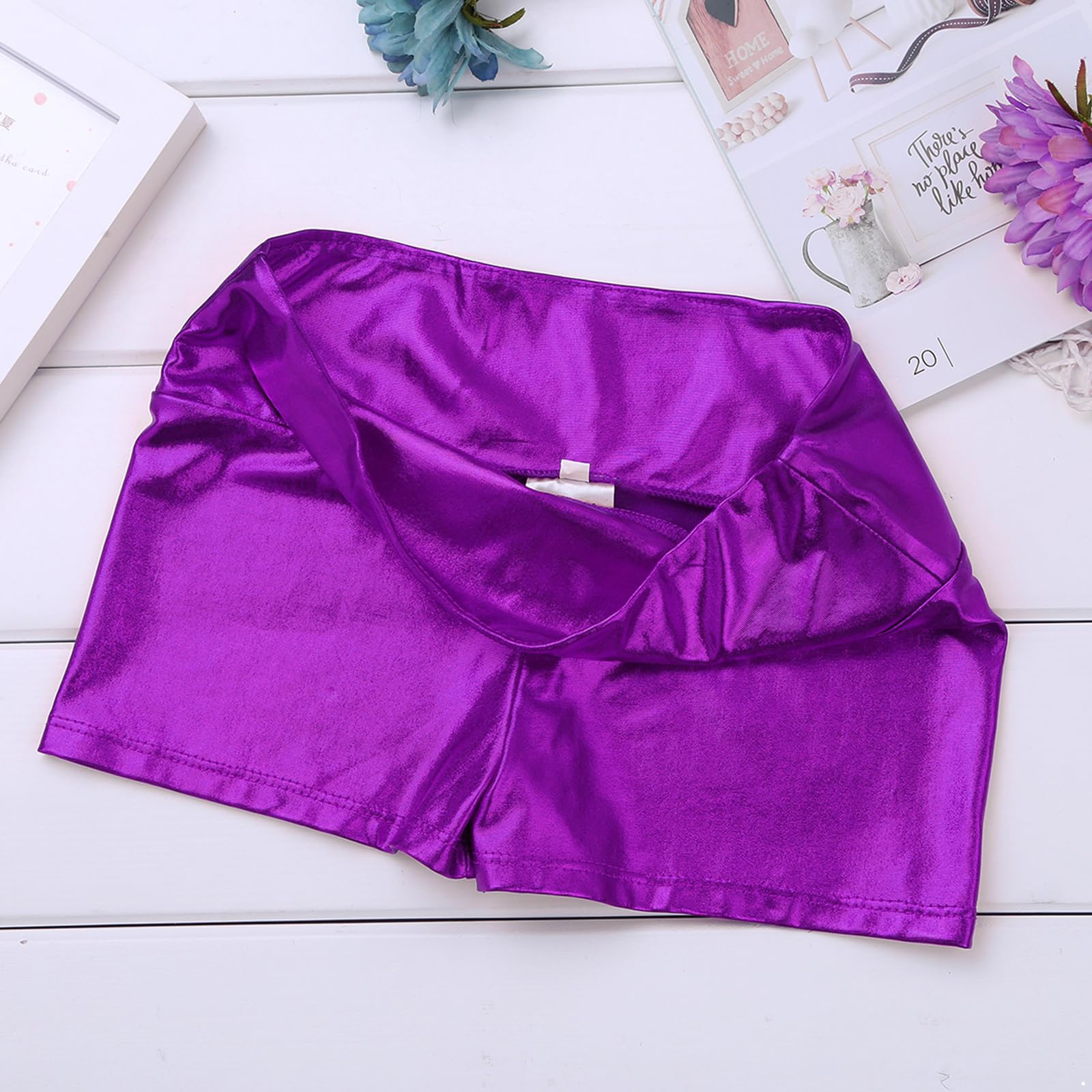 Shiny Metallic Ballet Dance Shorts for Girls - Athletic Sports Gymnastics Workout Booty Shorts - Activewear Bottoms in Purple - Size 14 Years - Perfect for Dance Class, Gymnastics Practice & Casual Wear