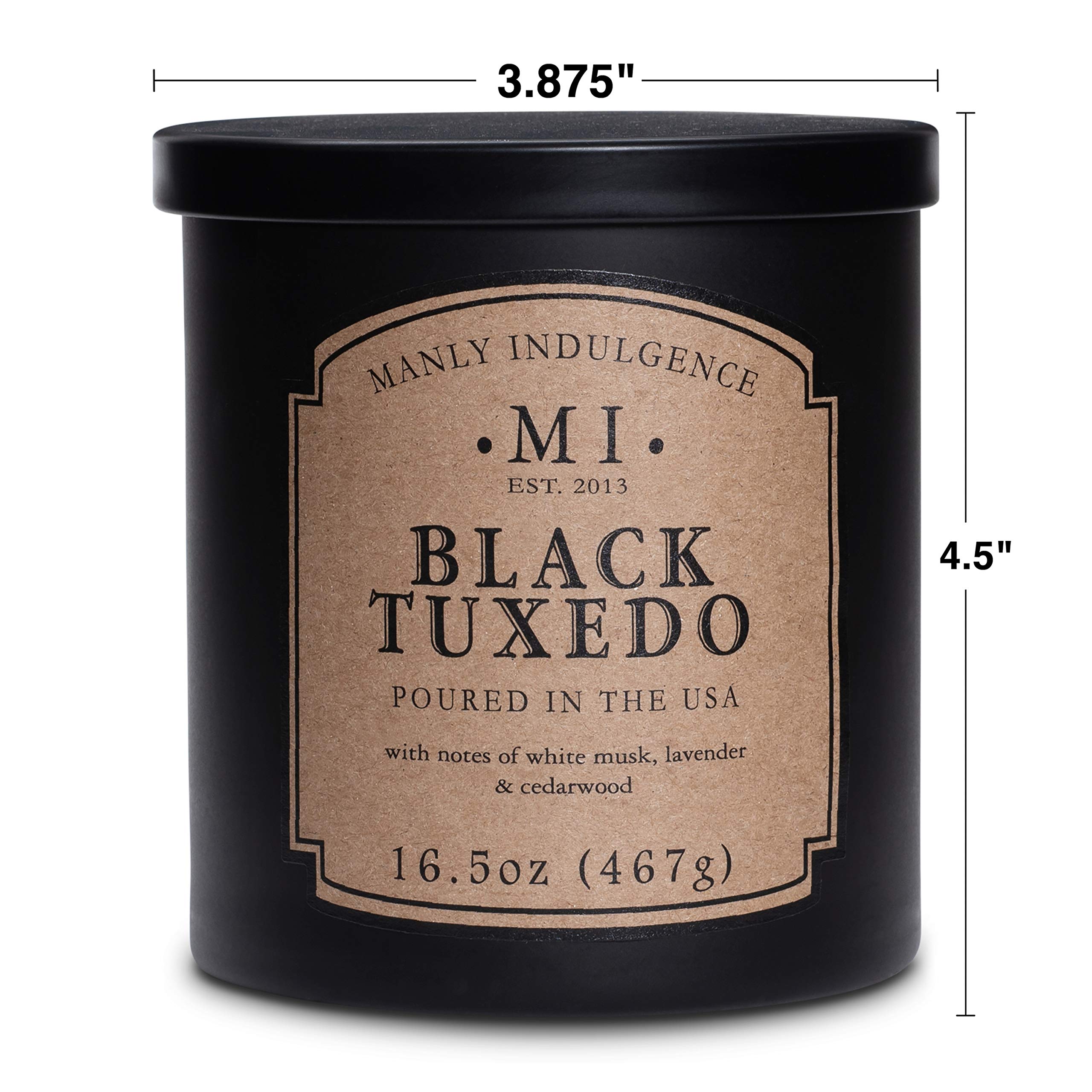 Manly Indulgence Black Tuxedo Jar Candle 16.5 oz - White Musk, Lavender, Cedarwood, Jasmine & Earthy Orris Scented Soy Wax Blend - Long Lasting 60 Hour Burn Time - Hand Poured in USA - Perfect for Home Decor, Romantic Dinners & Relaxation
