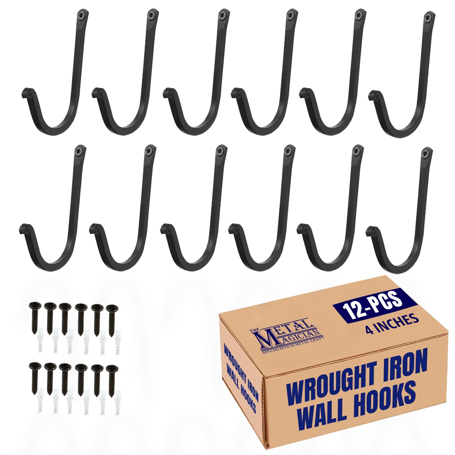 Vintage Hand-Forged Iron Hooks Set of 12 - Rustic Single Prong Wrought Iron Wall Hooks for Coats, Hats & Decor - Colonial Style Curved Metal Fasteners - Perfect for Farmhouse, Cabin & Vintage Home Décor