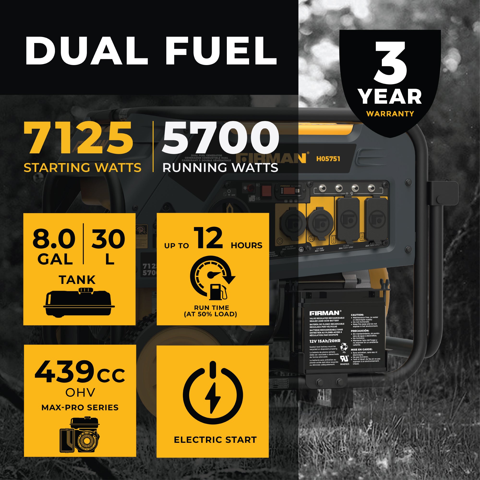 Dual Fuel Portable Generator 5700W with Electric Start - 120V/240V Output for Camping, Home Backup & Outdoor Power Needs