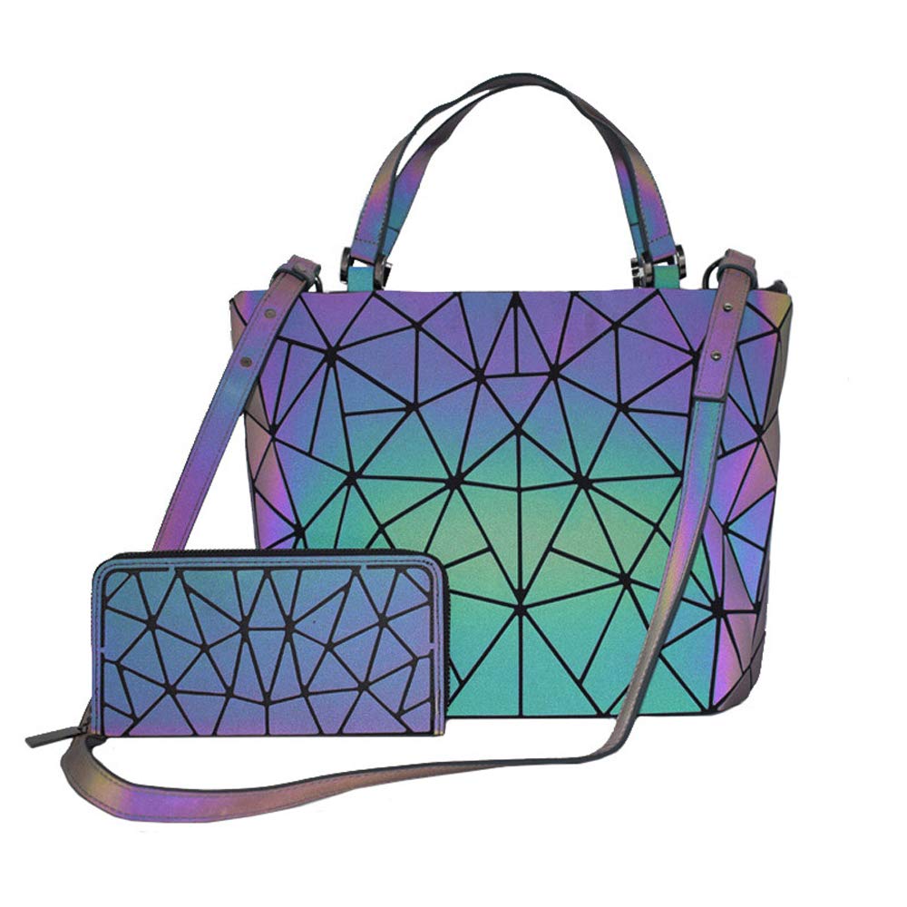 Women's Geometric Luminous Shoulder Bag Set - Holographic Reflective Crossbody Purse & Tote Handbag with Wallet | Perfect for Night Out, Parties, and Festival Fashion Accessories