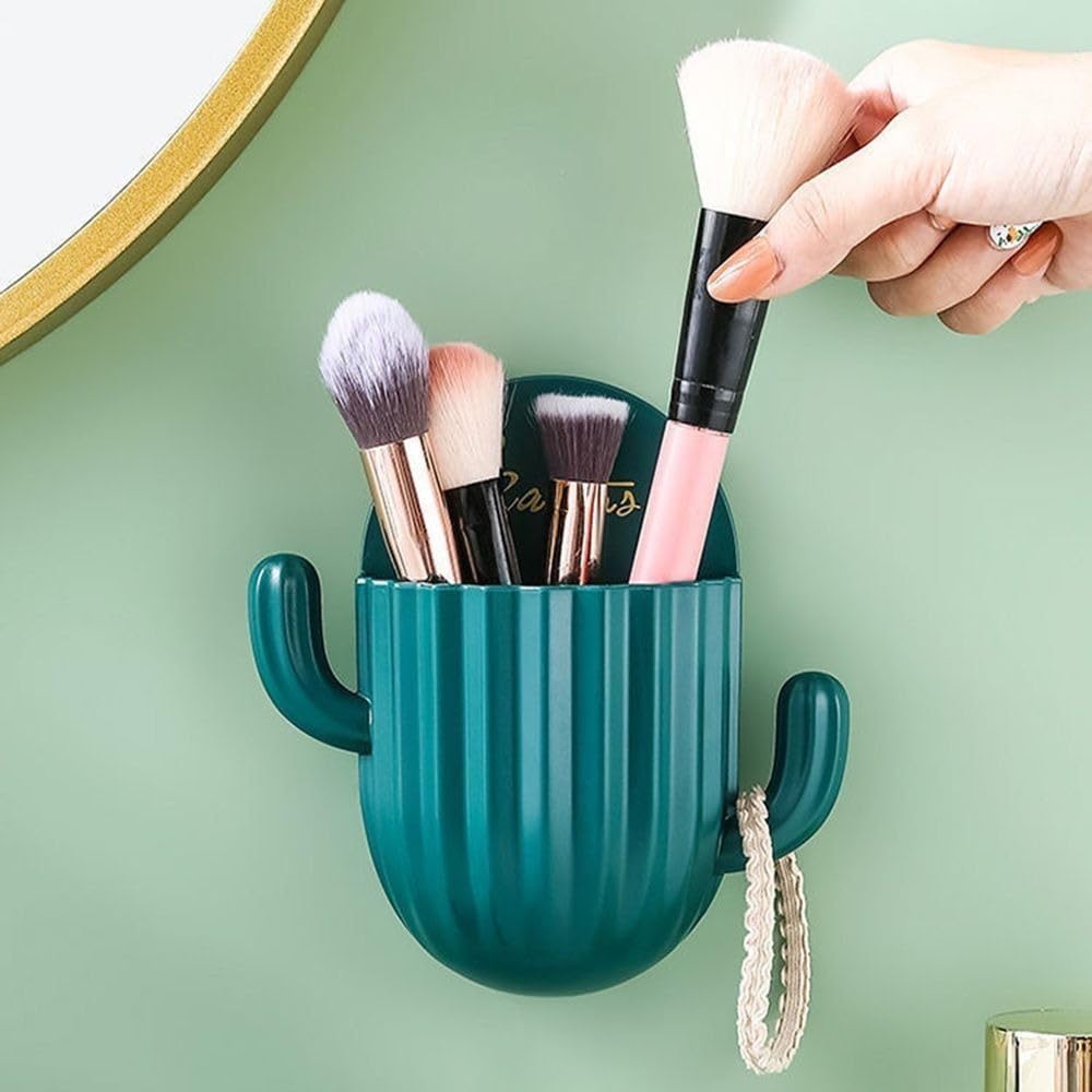 1PCS Cactus Toothbrush Holder - Self-Adhesive Bathroom Organizer with Drain Shelf, Cute Cartoon Succulent Design (Dark Green) | Perfect for Kids' Bathrooms, Dorm Rooms & Small Space Organization
