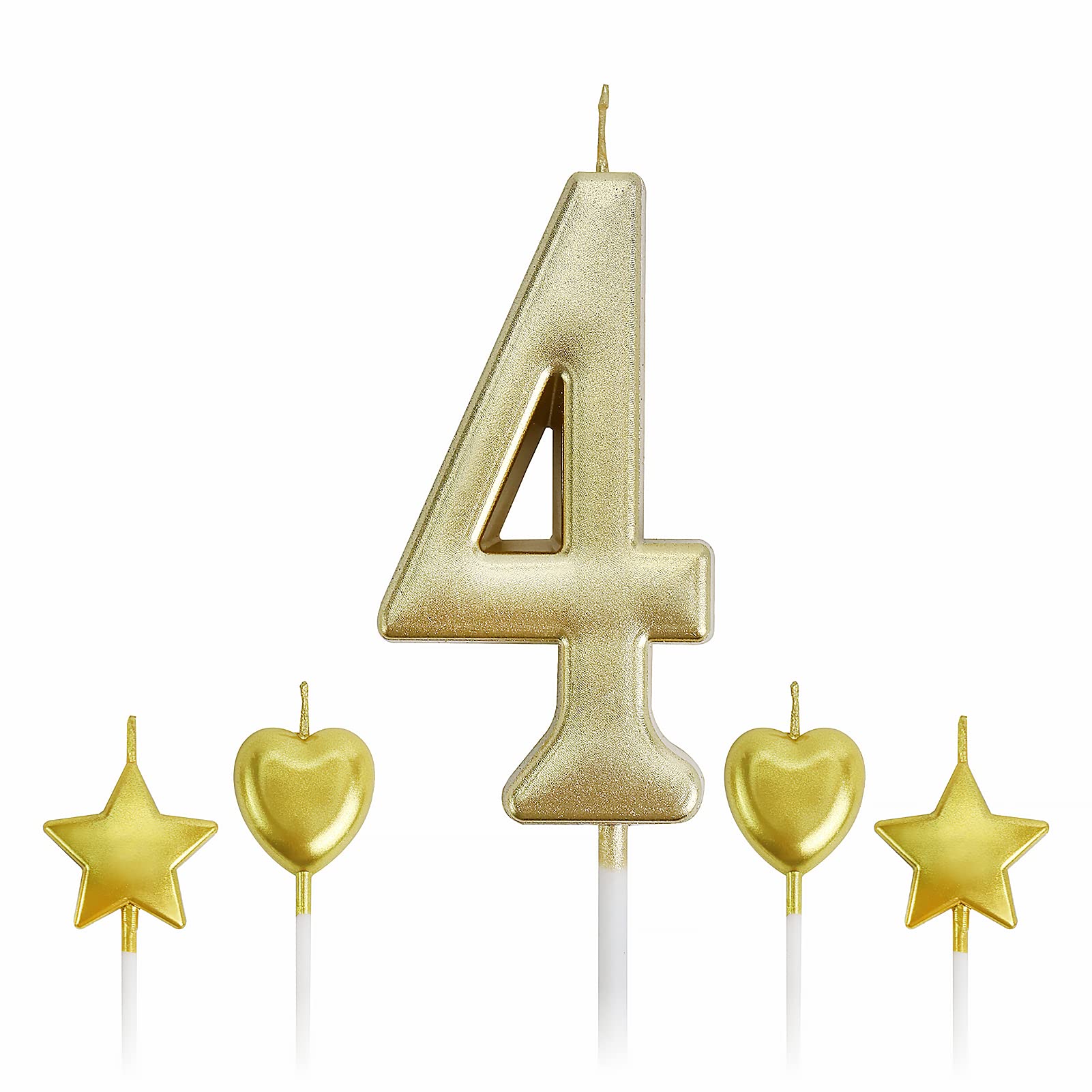 Gold 4th Birthday Candles with Star & Heart Toppers for Cake Decoration - Party, Kids, Adults