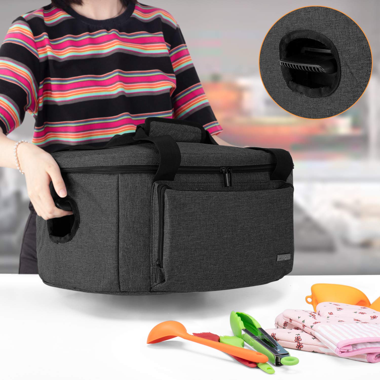 LUXJA Insulated Slow Cooker Bag with Bottom Pad & Lid Straps - Portable Thermal Carrier for 6-8 Quart Oval Slow Cookers (Black) - Perfect for Potlucks, Picnics & Keeping Meals Warm at Parties