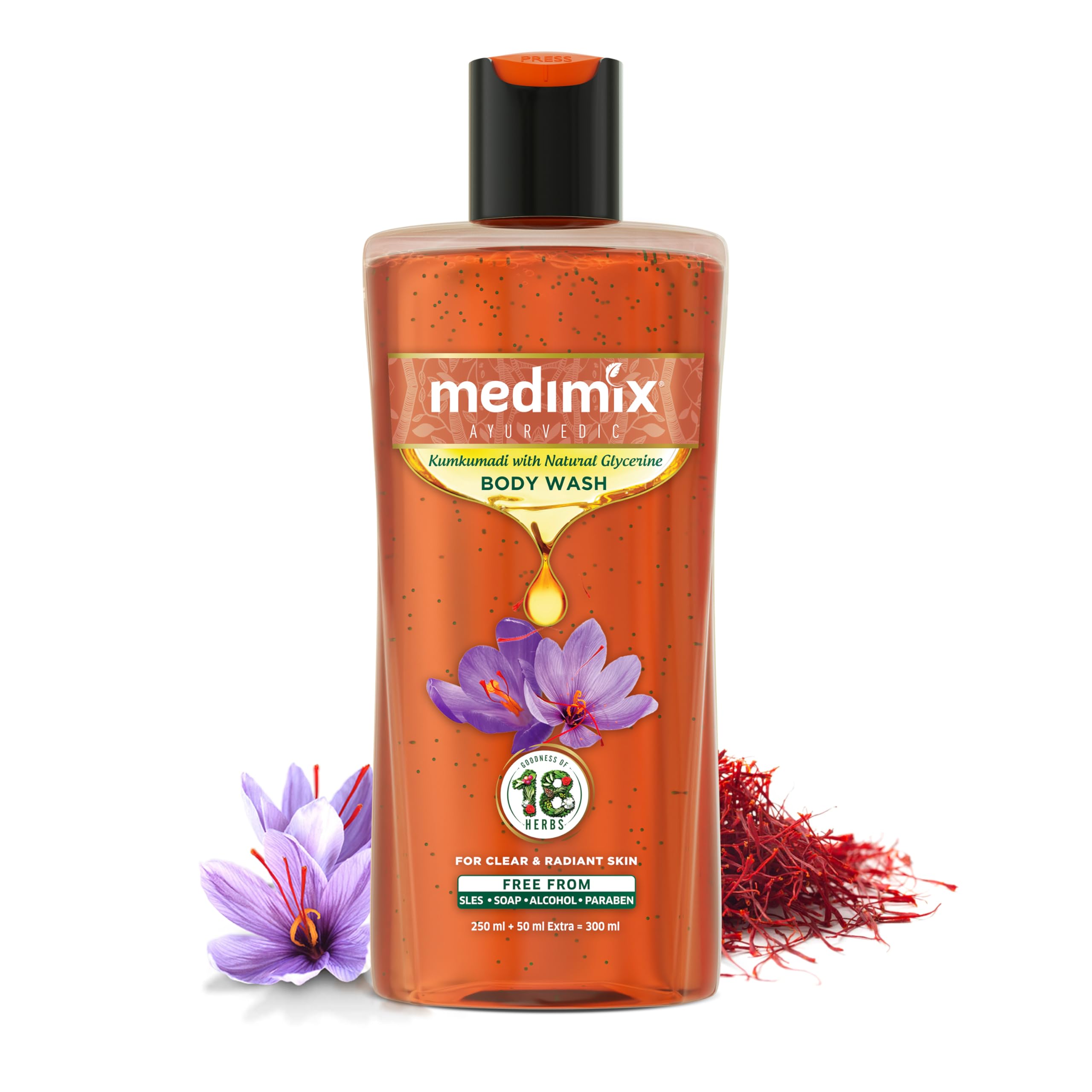 Medimix Ayurvedic Body Wash with Kumkumadi & Natural Glycerine - 250ml + 50ml | Herbal Shower Gel for Deep Hydration, Radiant & Glowing Skin | Paraben-Free, Sulfate-Free | Perfect for Daily Skincare Routine & Spa-Like Bath Experience