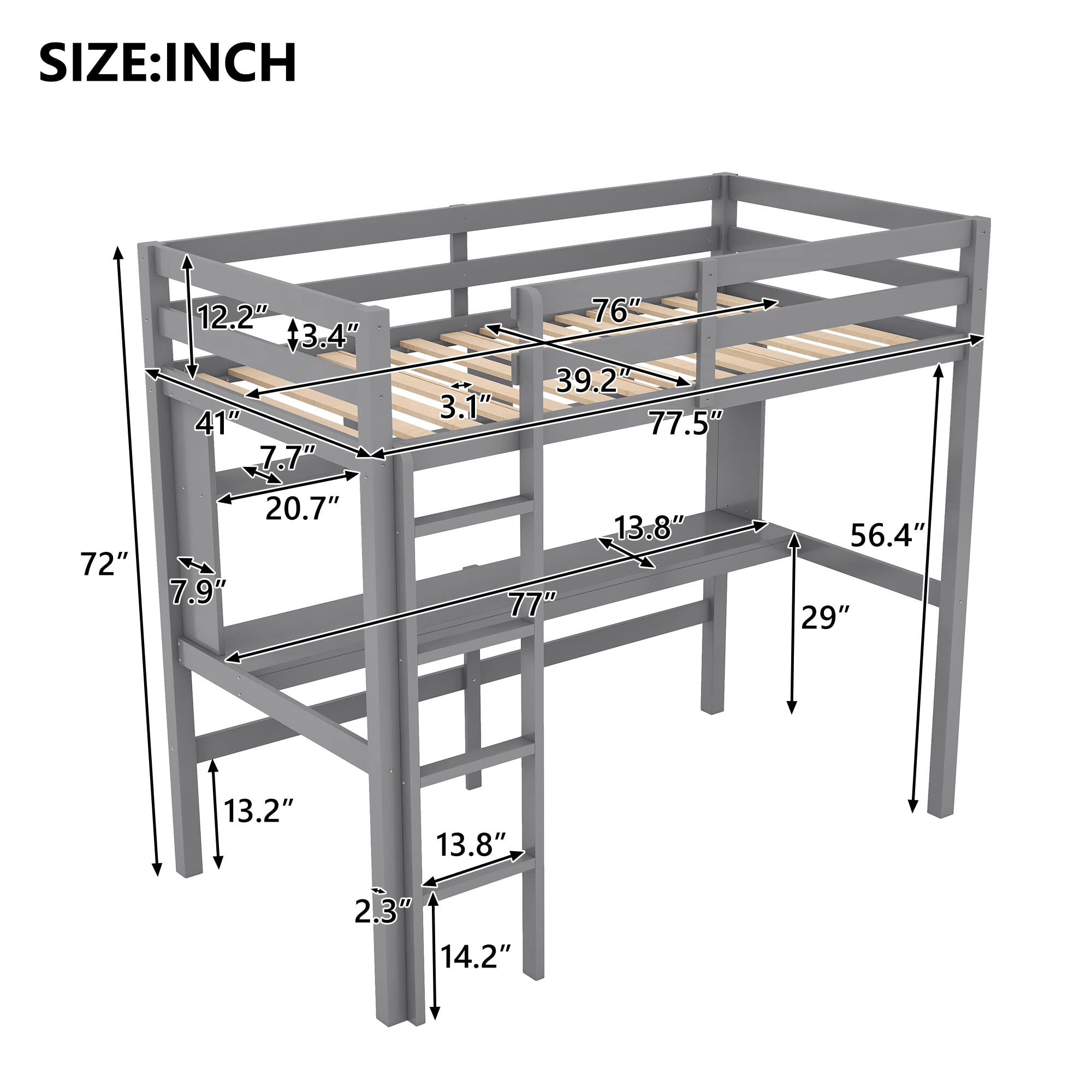 LZ LEISURE ZONE Twin Loft Bed with Study Desk & Shelves - Solid Wood Bunk Bed Frame for Teens & Adults - Space Saving Twin Size Loft Bed No Box Spring Needed (Gray) - Perfect for Small Bedrooms, Dorms & Apartments
