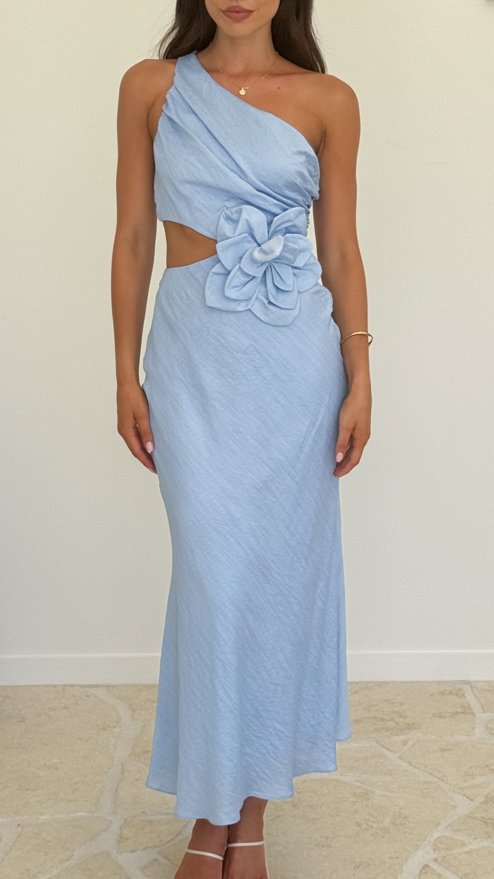 Bloom One Shoulder Cut Out Maxi Dress in Blue | Elegant Summer Beach Wedding Party Gown | Perfect for Vacations, Date Nights & Special Occasions