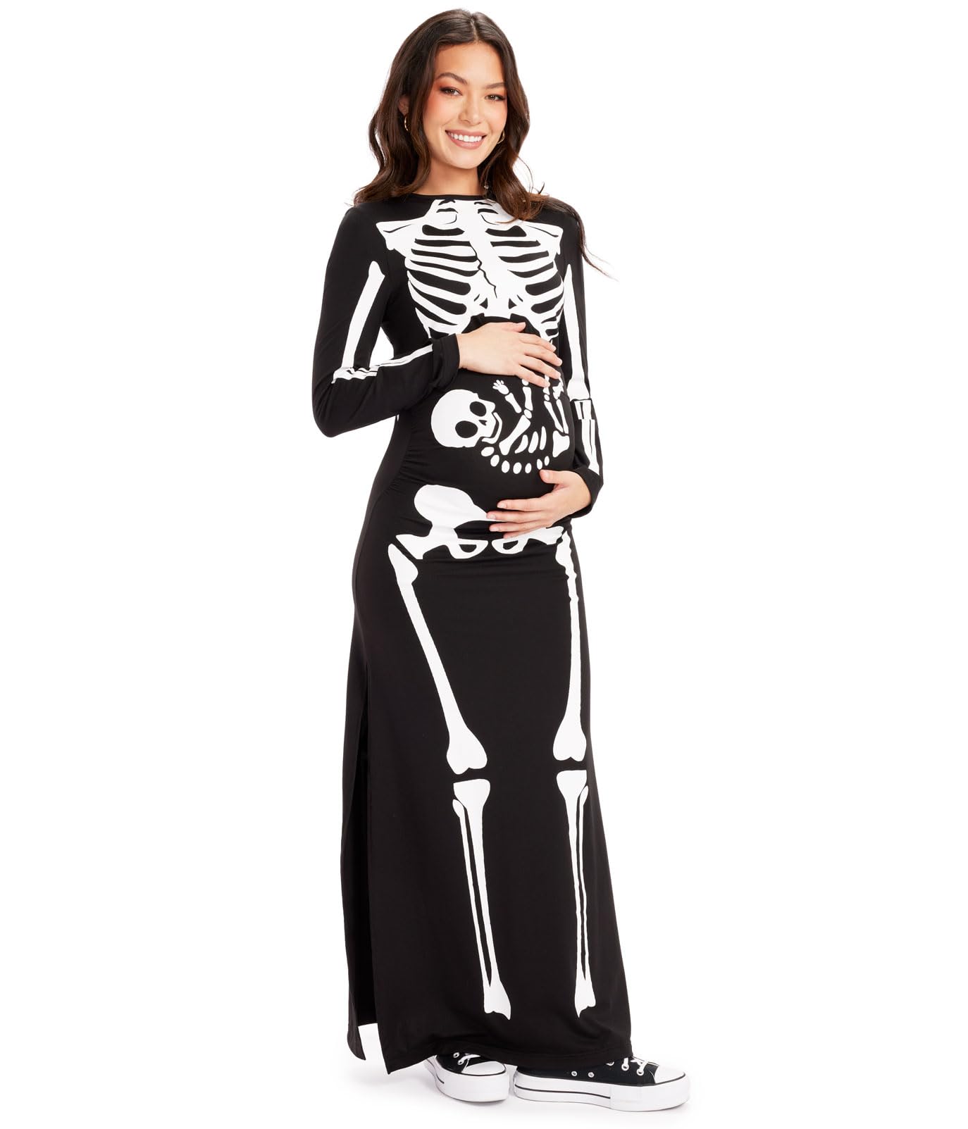 Tipsy Elves Women's Maternity Skeleton Costume Dress - Long Sleeve Halloween Outfit with Baby Skeleton Graphic | Perfect for Halloween Parties, Maternity Photoshoots & Themed Events