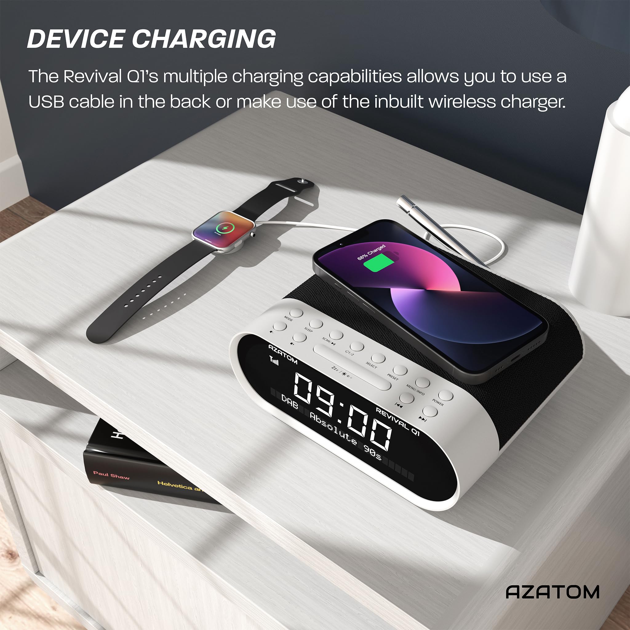 AZATOM Revival Q1 White DAB+ Digital FM Clock Radio with Bluetooth, Dual Alarm, Wireless Charging, Sleep Timer - Bedroom Alarm Clock with USB/AUX Ports for Phones & Headphones | Perfect for Home, Office, Nightstand Use