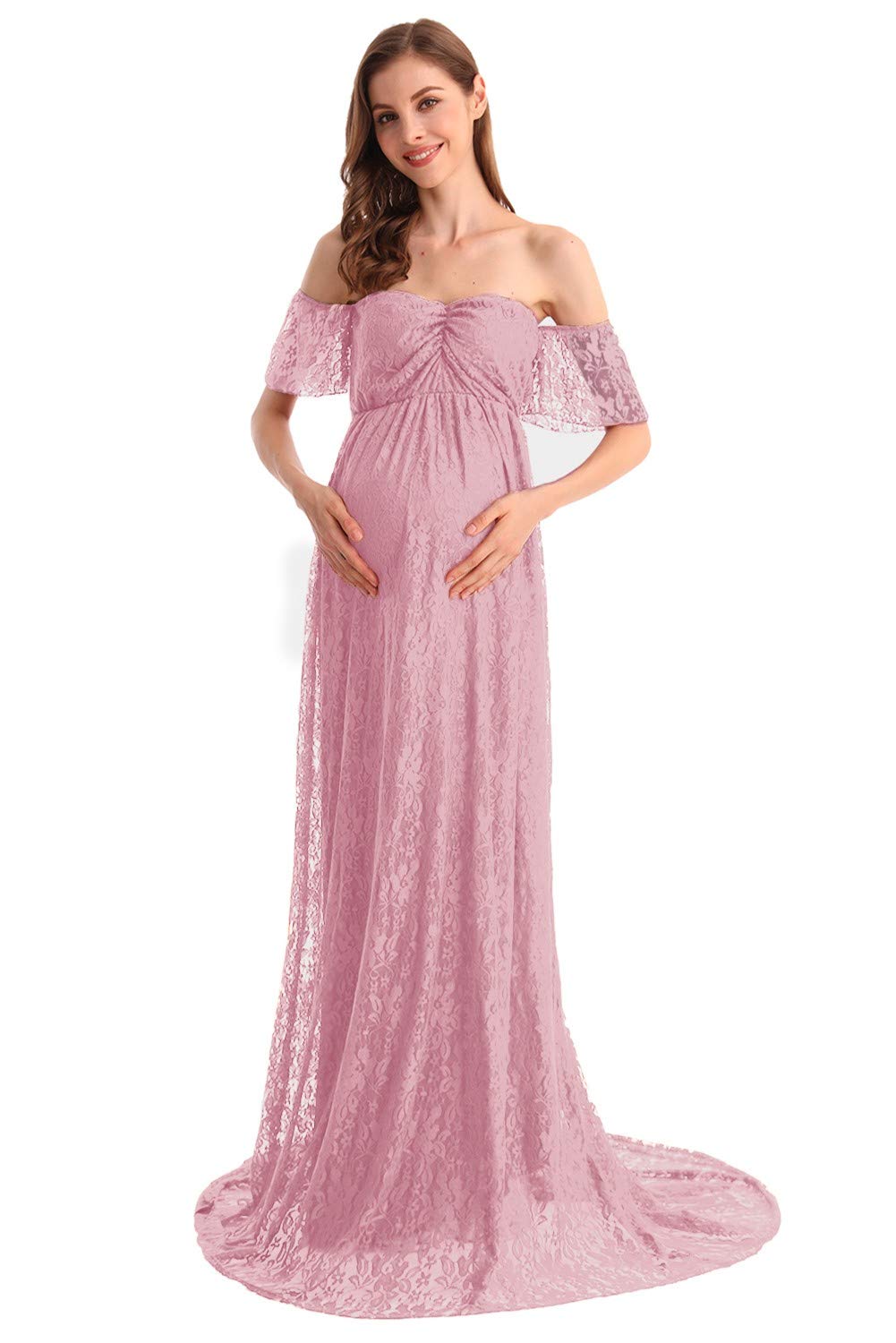 HIHCBF Women's Bohemian Lace Maternity Wedding Dress - Off-Shoulder Ruffle Sleeves for Baby Shower, Pregnancy Photo Shoot & Beach Wedding Gown