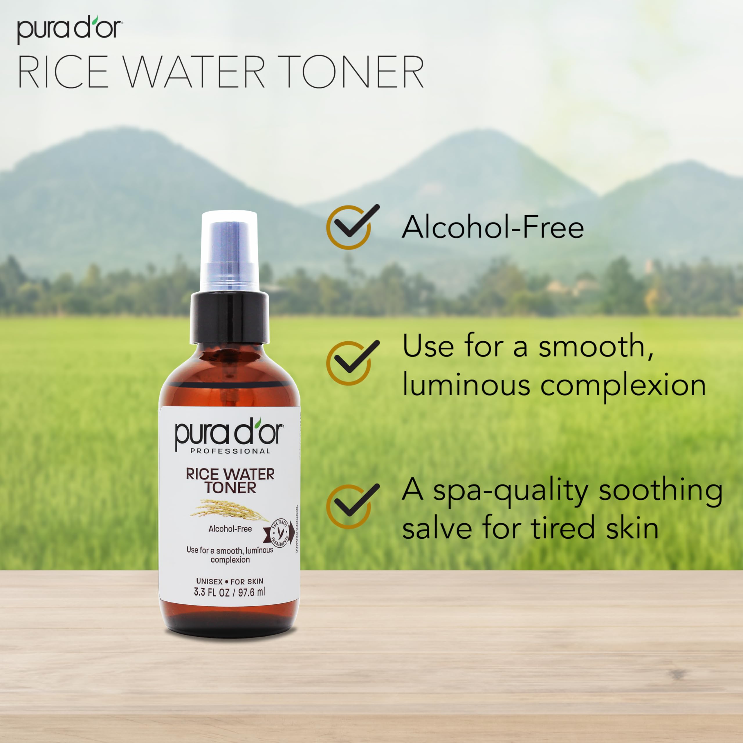PURA D'OR 3.3 Oz Rice Water Facial Toner - Hydrating & Balancing Face Toner with Natural Extracts for Radiant Skin - Alcohol-Free, Soothing Formula Improves Skin Texture - Travel Size for On-the-Go Skincare - Perfect for Daily Use, Morning & Night Routine