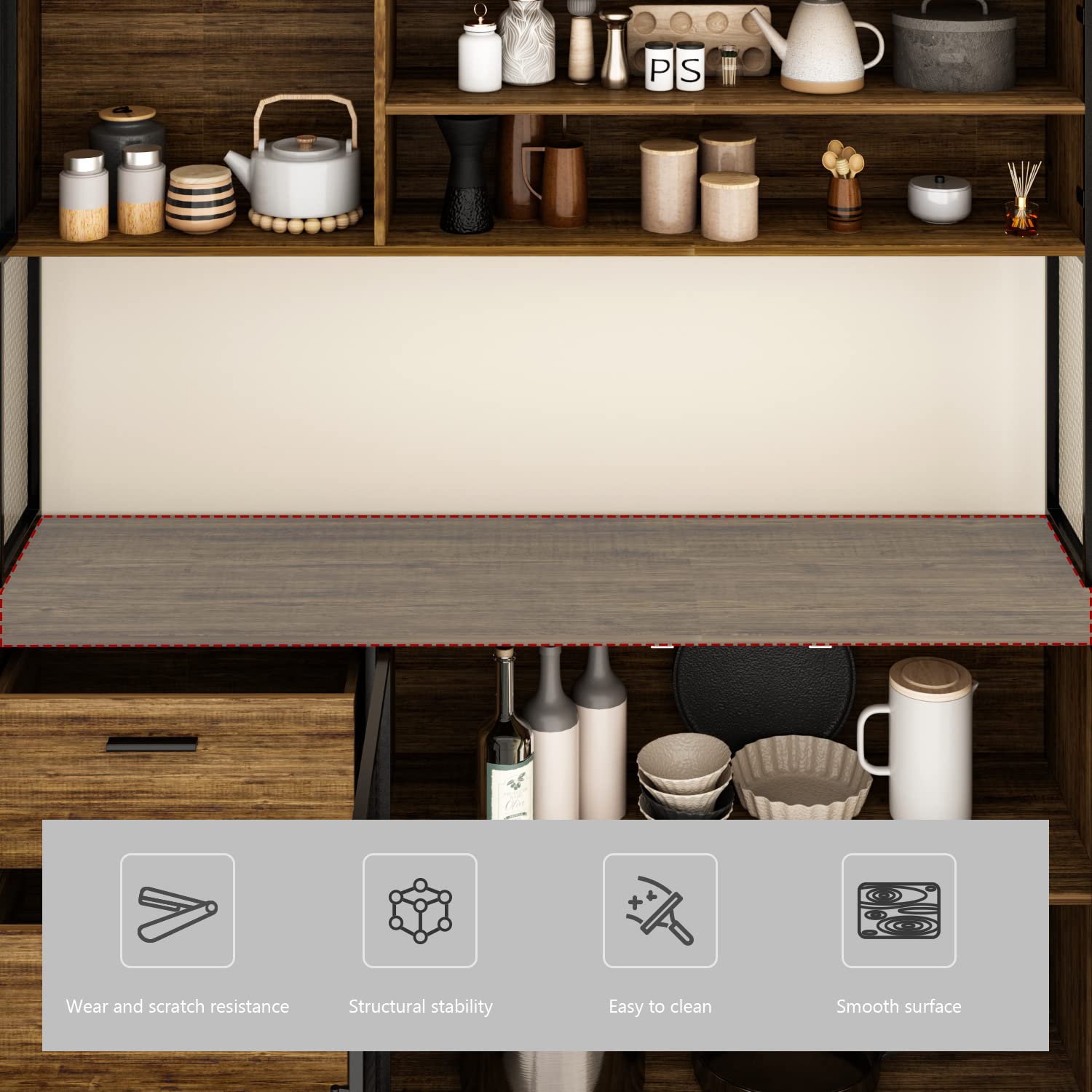 Large Kitchen Hutch Cabinet with 3 Metal Doors & 3 Drawers - Rustic Brown Pantry Storage Cupboard with Microwave Shelf (59