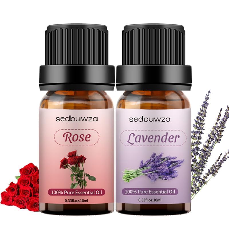 Sedbuwza Rose & Lavender Essential Oil Set - 2 x 10ml Pure Aromatherapy Oils for Diffusers, Massage, Candle Making, Soap & Relaxation - Floral Scented Therapeutic Grade Essential Oils for Home Spa, Yoga & Stress Relief