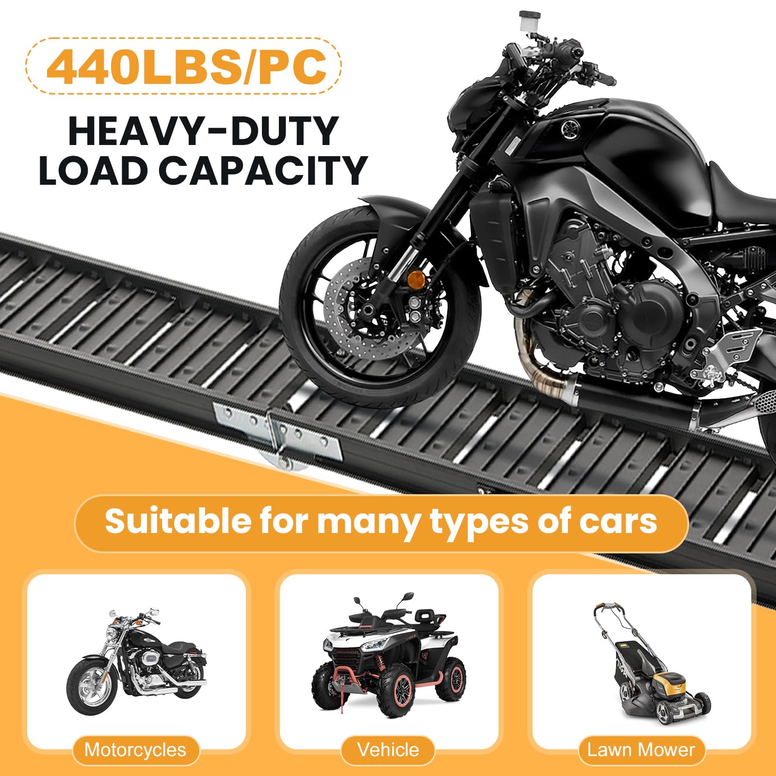 Gardhom Heavy Duty Aluminum Bike Ramp - 440 LBS Capacity Motorcycle Loading Ramp for Pickup Trucks, Dirt Bikes, Lawn Mowers & Snow Blowers - Universal Car Tailgate Accessory (Black, 1PC) - Perfect for Garage Storage, Off-Road Adventures & Equipment Transport