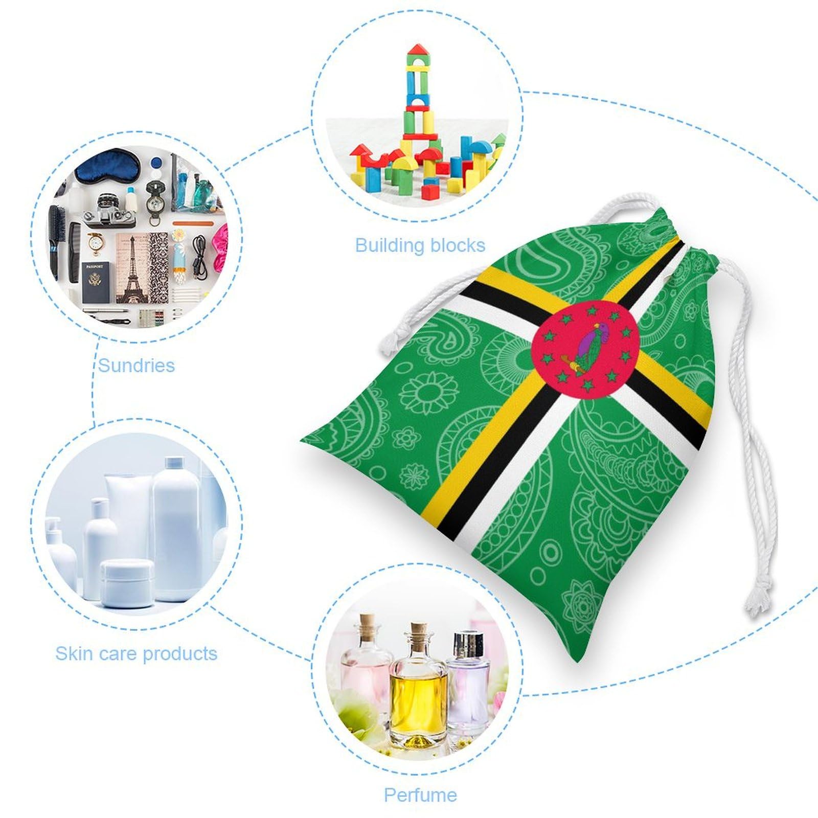 Dominica Paisley Flag Print Muslin Drawstring Bags - Reusable Small Gift Pouches for Party Favors, Wedding Gifts & Travel Storage | Eco-Friendly Cotton Fabric Gift Bags