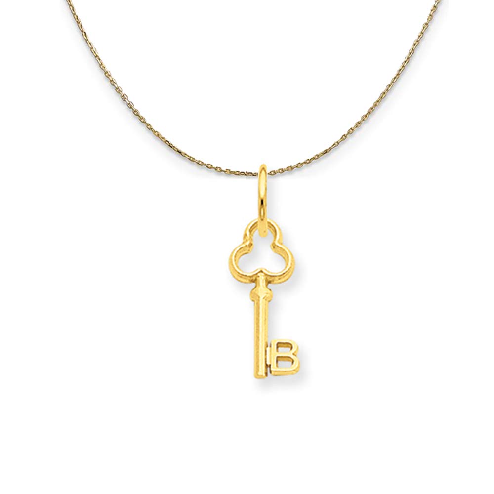14K Yellow Gold Mini Initial B Shamrock Key Necklace - Elegant Black Bow Pendant for Women, Perfect for St. Patrick's Day Gifts & Everyday Jewelry