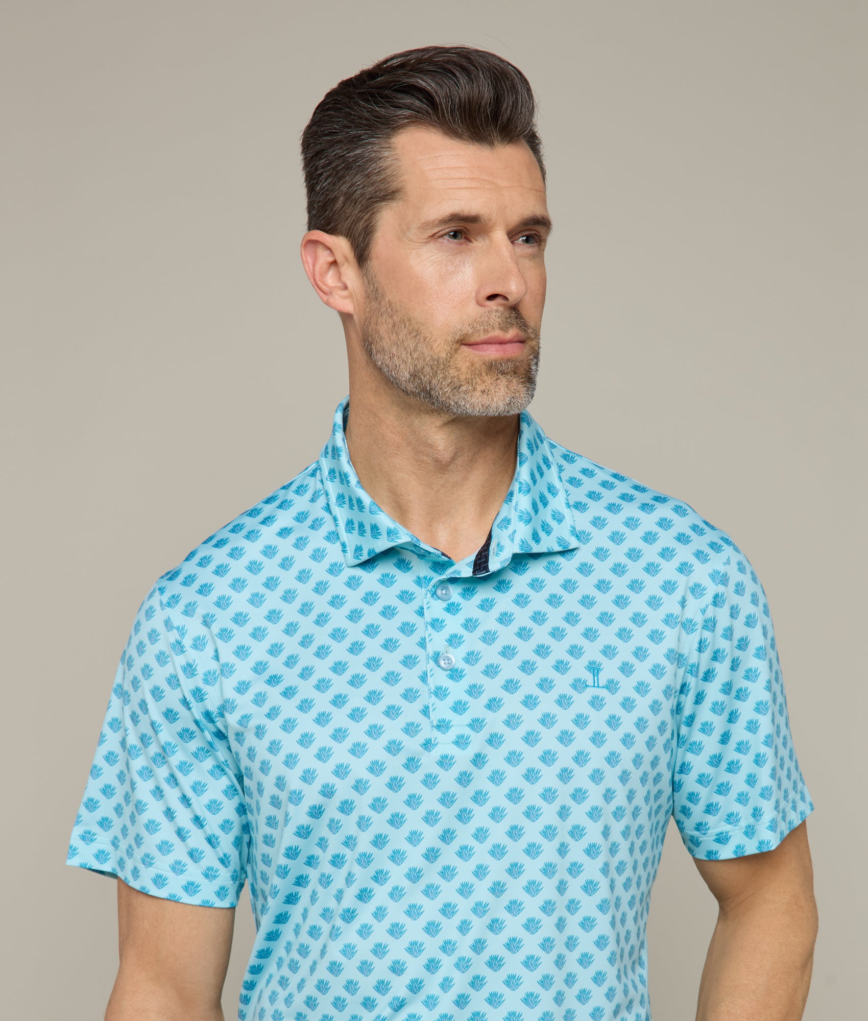 Lucchese Men's Golf Polo Shirt - Blue Cactus Print, Moisture-Wicking Performance Fabric for Comfort on the Golf Course & Casual Wear