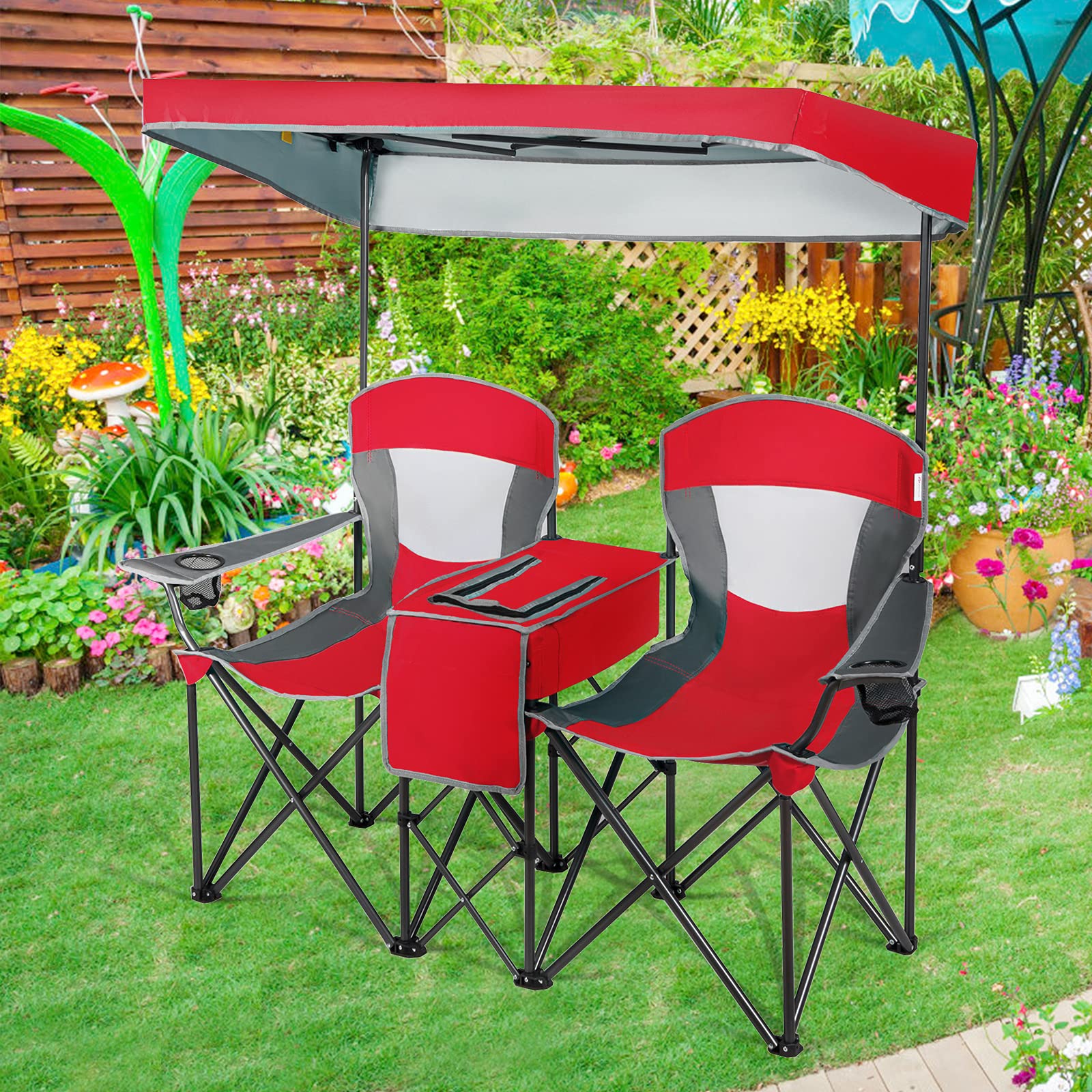 Goplus Double Beach Chair with Canopy Shade - Portable Folding Lawn & Camping Chairs with Sunshade, Mini Table, Beverage Holder & Carrying Bag - Perfect for Outdoor Travel, Hiking, Fishing, Poolside & Backyard Relaxation (Red)