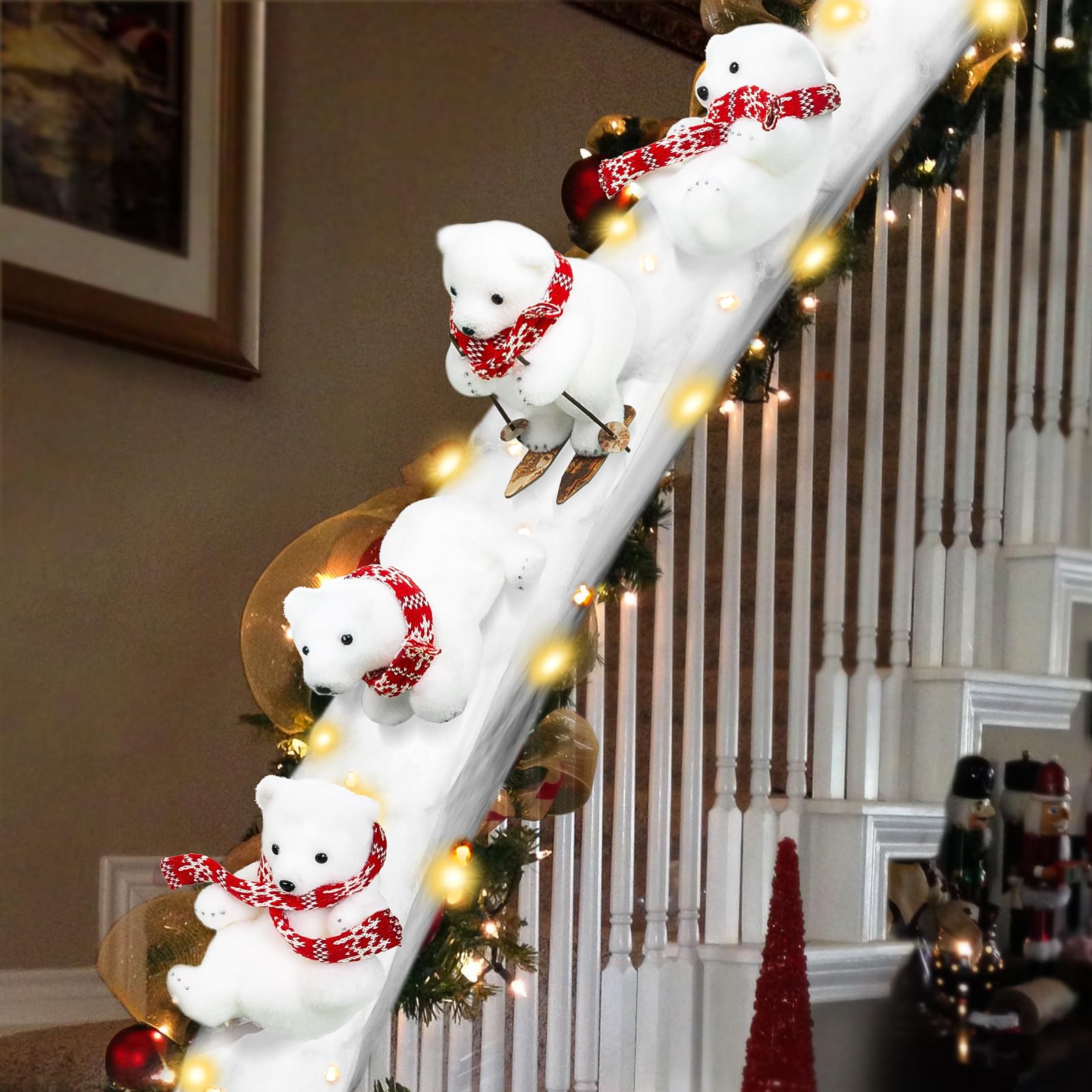 Polar Bear Christmas Staircase Decorations Set - 4PCS Skiing Polar Bears with Artificial Snow & LED Lights for Holiday Stair Decor | Indoor Home Christmas Decor for Staircase, Banister, and Entryway