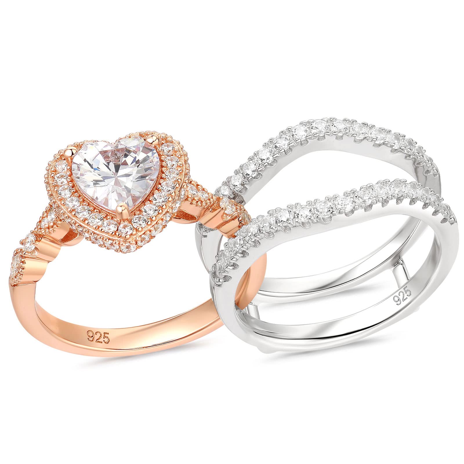 Heart Wedding Rings for Women - 5A CZ Engagement Ring Enhancer Set, 925 Sterling Silver, 2Ct Bridal Band, Size 5-10 - Perfect for Proposals, Anniversaries & Romantic Occasions