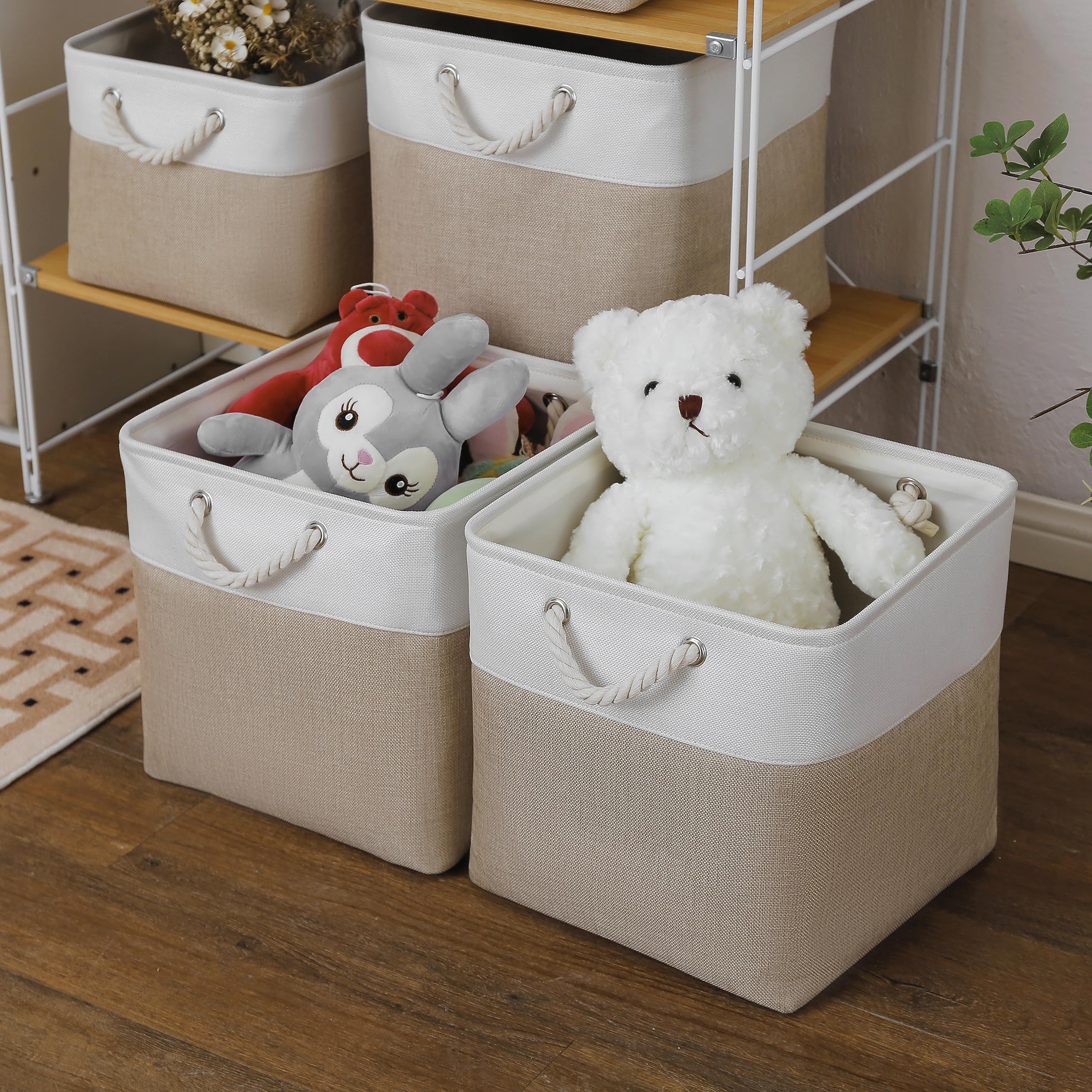 13 x 13 Inch Cube Storage Bins, 4 Pack Large Collapsible Fabric Storage Bins with Handles - Foldable Organizer for Closet, Toys, Clothes, Office & Home Organization (White & Beige) - Perfect for Nursery, Playroom, Shelving & Underbed Storage
