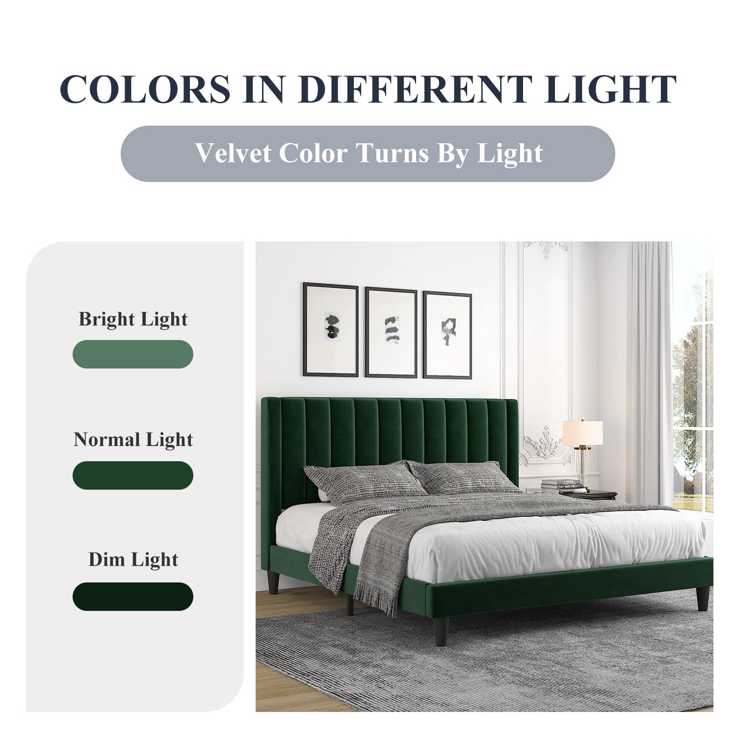 Allewie Full Size Platform Bed Frame - Velvet Upholstered Bed with Channel Tufted Headboard, Sturdy Wood Slats Support | No Box Spring Needed | Easy Assembly in Emerald Green | Perfect for Modern Bedrooms & Guest Rooms