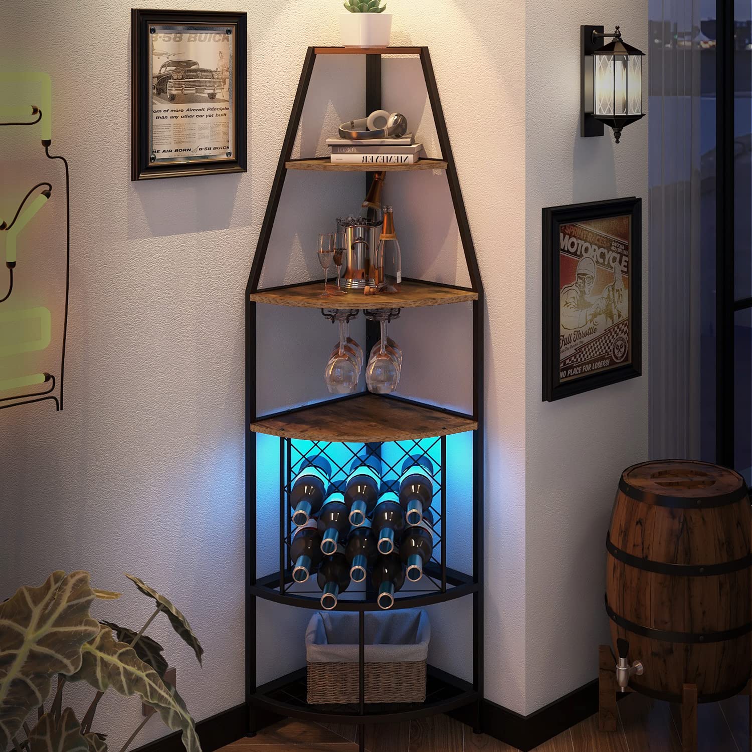 5-Tier Corner Wine Rack with LED Lights - Floor Standing Wine Storage with Glass Holder for 12 Bottles - Rustic Brown Home Bar Furniture for Kitchen, Living Room & Dining Room - Perfect for Wine Enthusiasts & Entertaining Guests