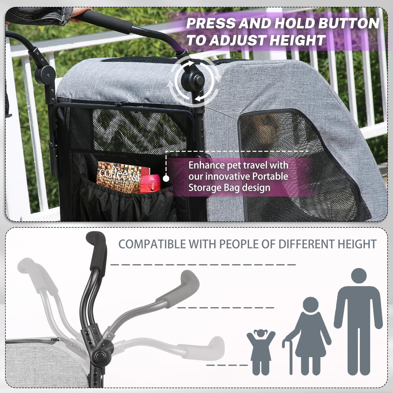 EchoSmile XL Extra Large Dog Stroller for 2 Medium Dogs - Lightweight Foldable Pet Stroller with Adjustable Handles & All-Terrain 4 Wheels - Dual Entry Safety Design Holds Up to 160 lbs (Gray) - Perfect for Park Walks, Vet Visits, and Senior Dog Transportation