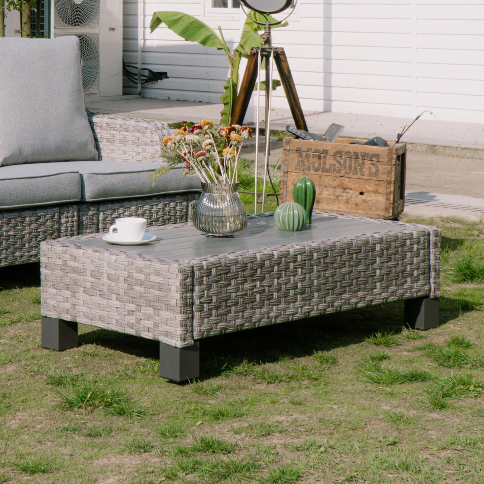 All-Weather Outdoor Coffee Table - Rectangle PE Rattan Patio Table with Wood-Like Tabletop, Grey - Perfect for Garden, Poolside & Backyard Relaxation