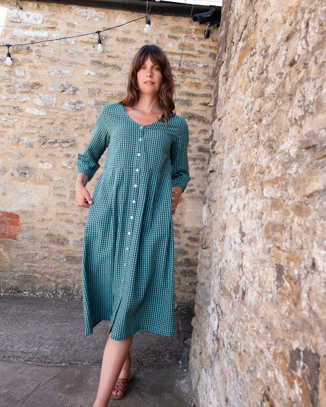 Jane Women's Cotton Midi Dress - Duck Egg Gingham Checkered Summer Dress for Casual Wear, Picnic & Beach Outings