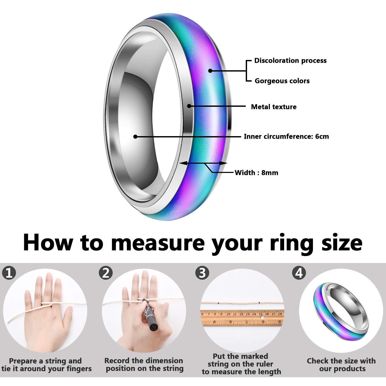 Hicarer 5-Pack Color Changing Mood Rings for Men & Women - Stainless Steel Temperature Sensitive Emotion Rings - Perfect for Weddings, Parties & Gifts