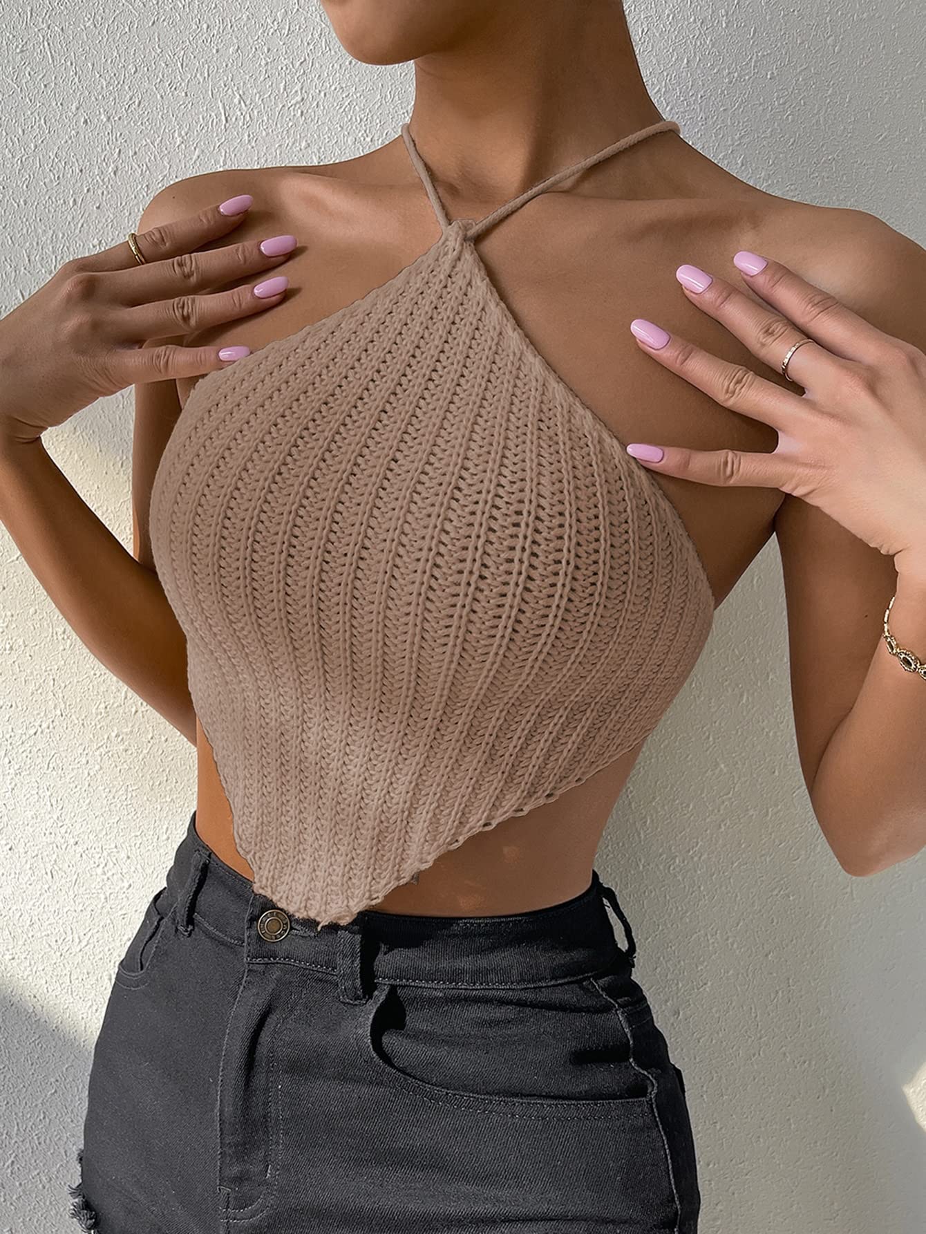 WDIRARA Women's Crisscross Tie Back Knit Crop Halter Top - Asymmetrical Bandana T-Shirt for Summer, Beach, Party | Sexy Casual Fashion Tops for Women