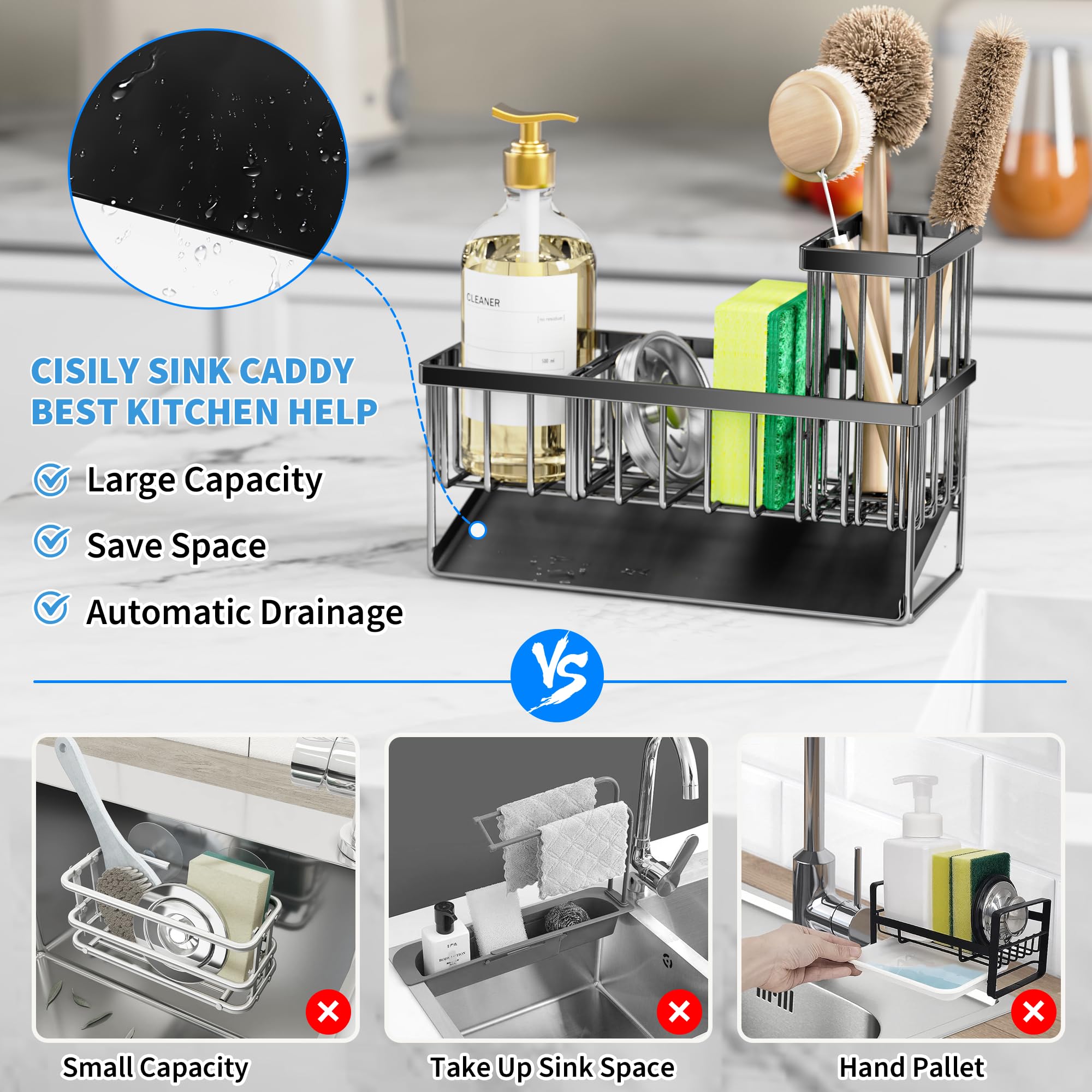 Cisily Stainless Steel Kitchen Sink Organizer with Brush & Sponge Holder, 304 Rustproof Countertop Soap Dispenser, Space-Saving Kitchen Decor for Modern Homes, Perfect for Small Kitchens and Apartment Living