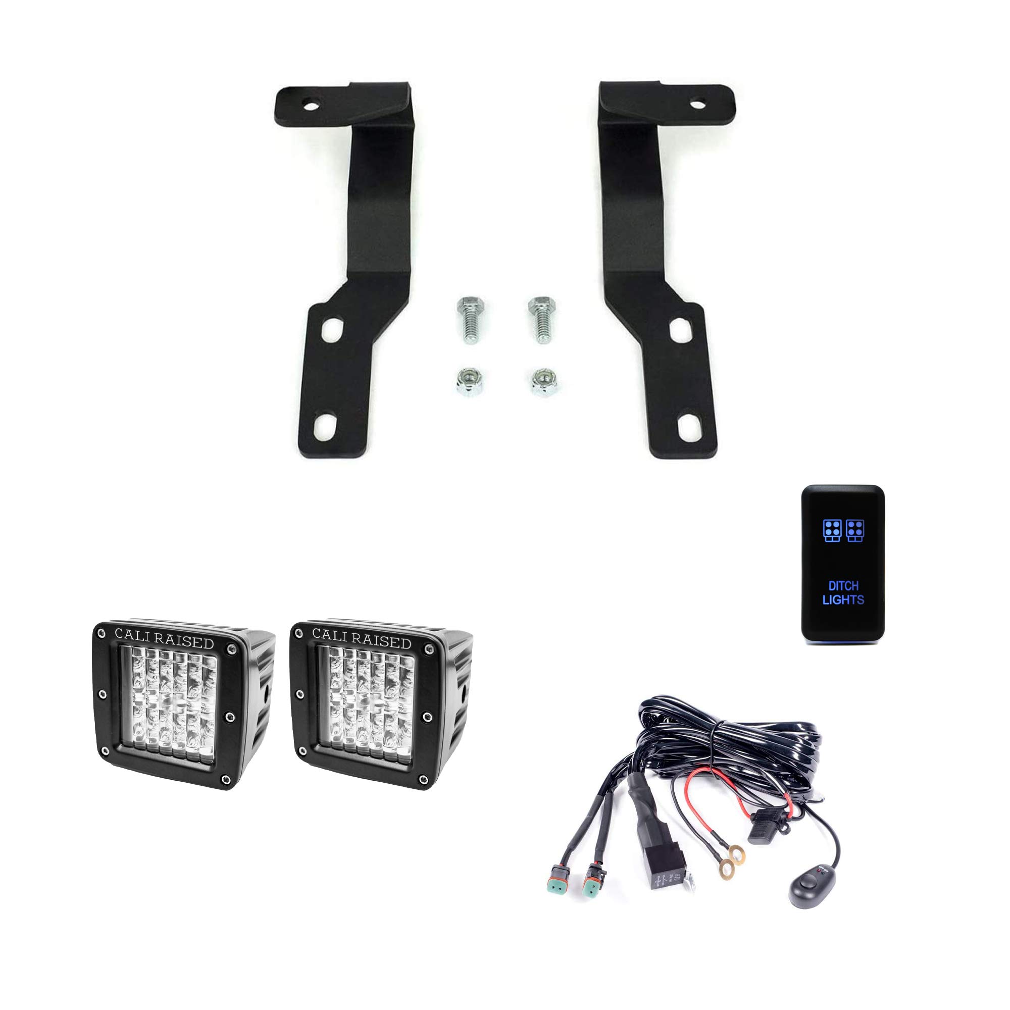 Cali Raised LED Low Profile Ditch Light Brackets Kit for 2005-2015 Toyota Tacoma - 3x2 18W Amber LED Pods with Wiring Harness & Blue Backlit Switch | Off-Road Lighting, Night Driving, Adventure Vehicle Upgrade