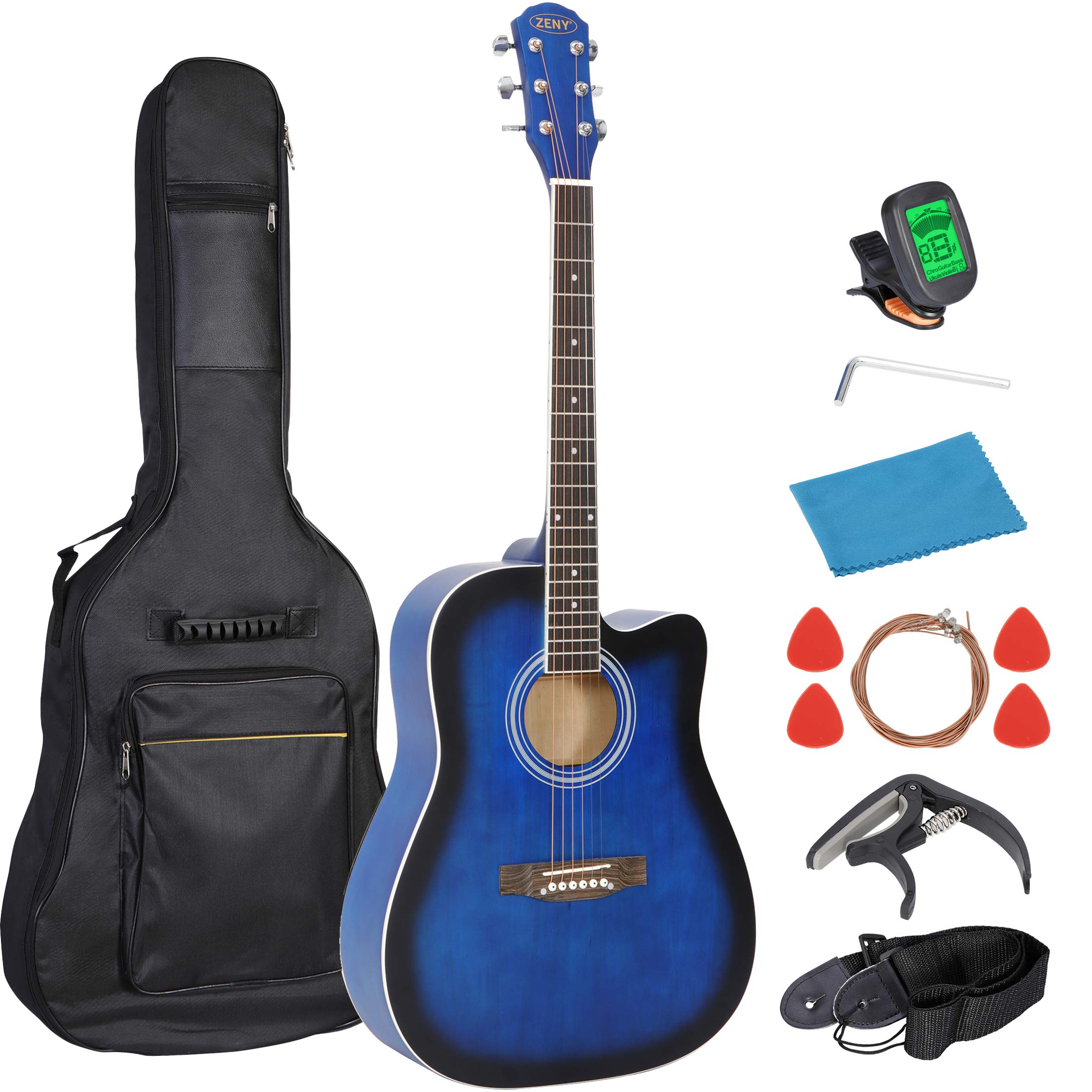 ZENY 41-Inch Beginner Acoustic Guitar Full Starter Kit with Gig Bag, Digital Tuner, Extra Strings, Adjustable Strap, Capo & Picks - Blue | Perfect for Beginners, Travel & Home Practice