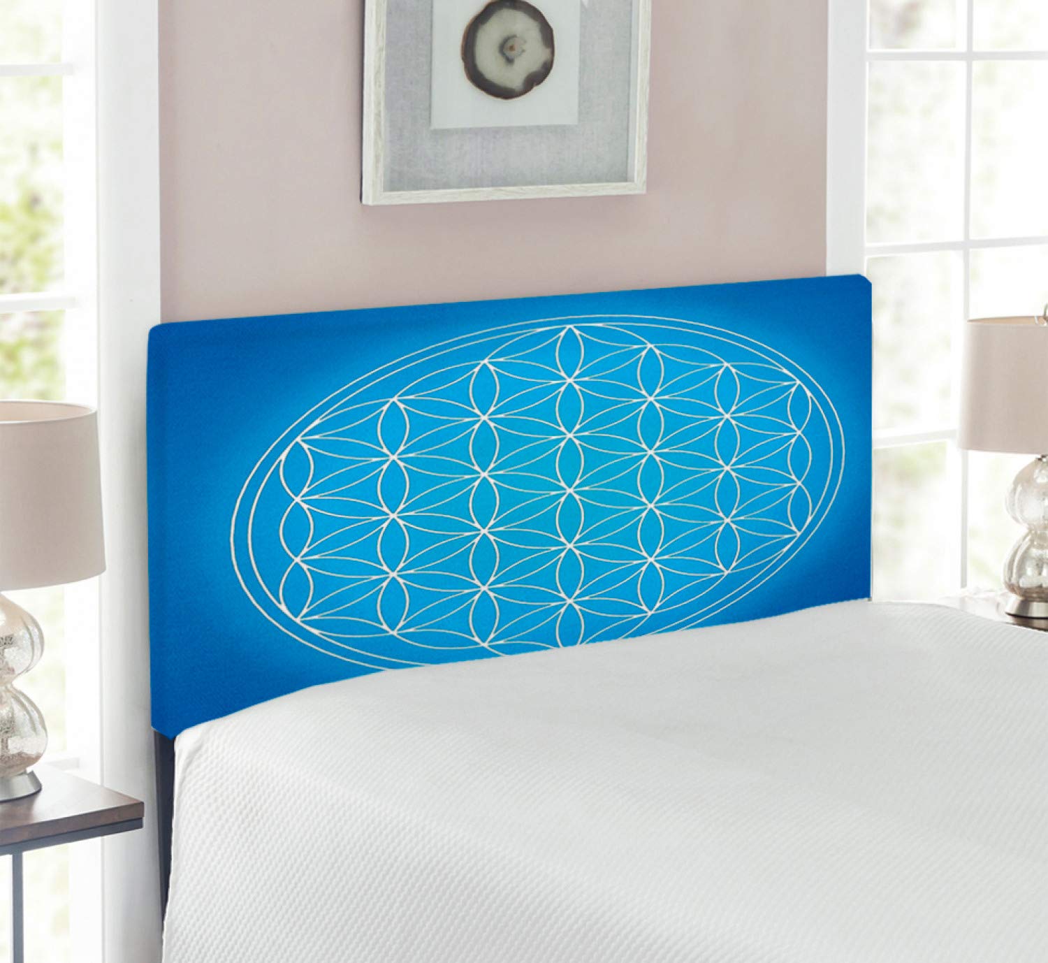 Ambesonne Geometric Upholstered Headboard - Flower of Life Sacred Geometry Design with Memory Foam Padding, Twin Size Blue & White Metal Bed Frame Headboard | Perfect for Meditation Rooms, Boho Bedrooms & Spiritual Home Decor