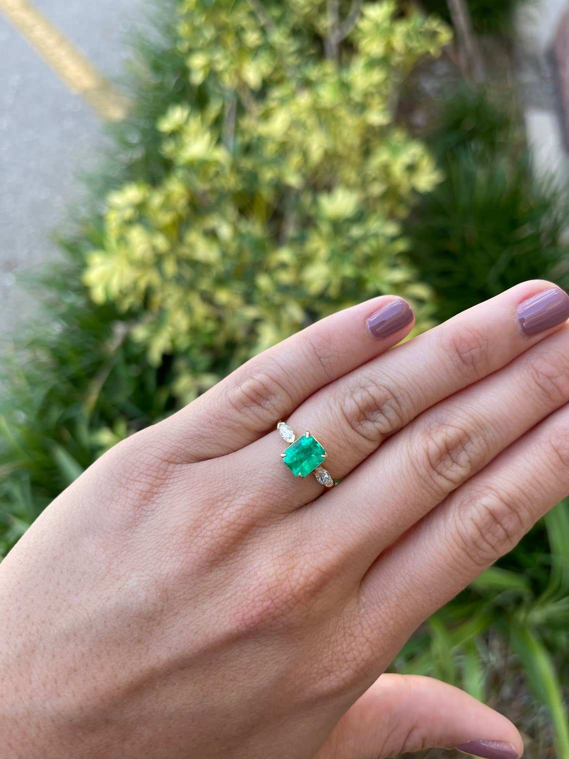 2.27tcw Three Stone Emerald & Marquise Diamond Ring 18K White Gold - Elegant Wedding Band, Anniversary Gift for Her, Perfect for Engagement, Valentine's Day & Special Occasions