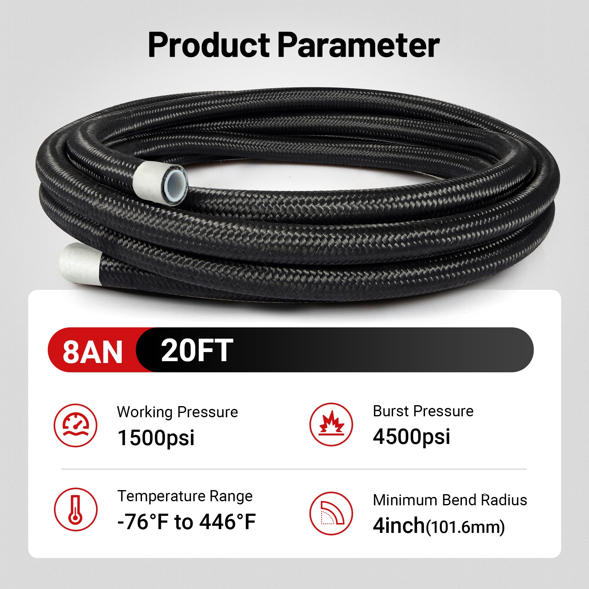 EVIL ENERGY 8AN PTFE Fuel Hose Line - E85 Compatible Nylon Braided (20FT Black) - High Performance Fuel Line for Racing, Automotive & Marine Applications